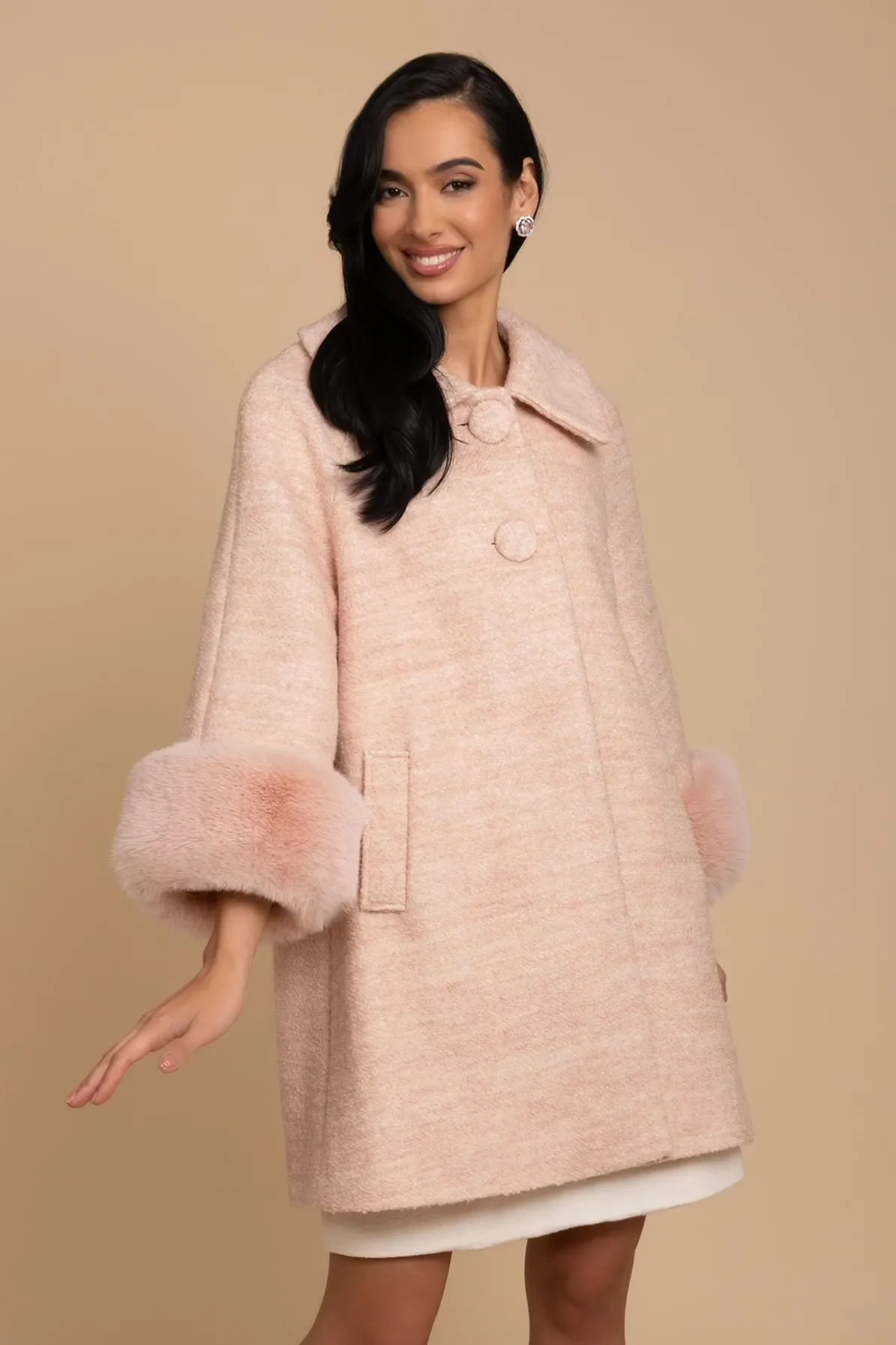 'Angelique' Wool Tweed and Faux Fur Swing Coat in Rosa