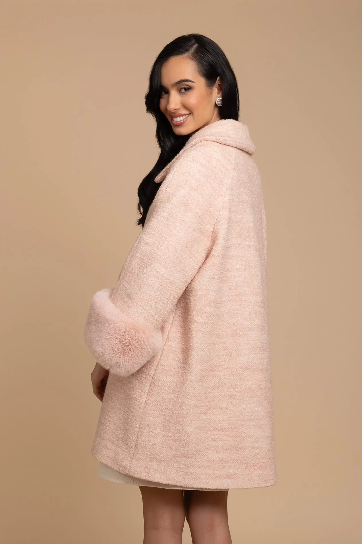 'Angelique' Wool Tweed and Faux Fur Swing Coat in Rosa