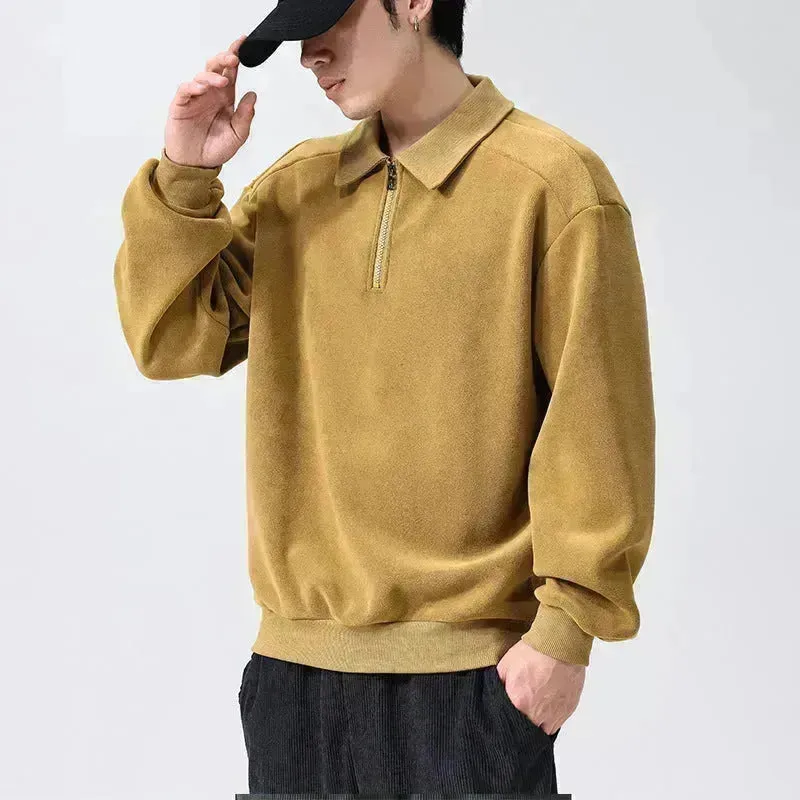 Autumn Winter Fashion Lapel Half-zip fleece Sweatshirt Pullover tops for Men