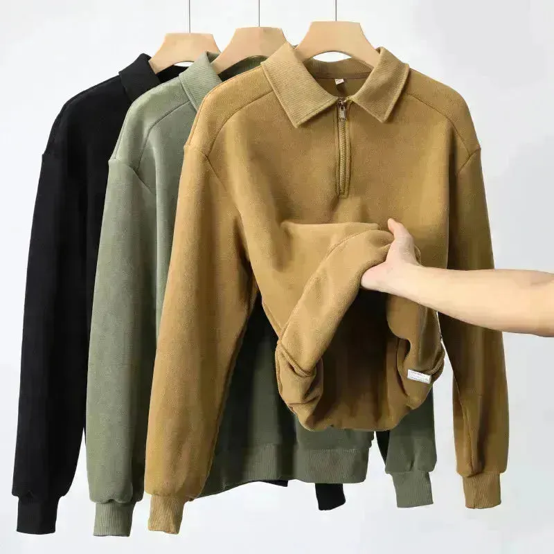 Autumn Winter Fashion Lapel Half-zip fleece Sweatshirt Pullover tops for Men