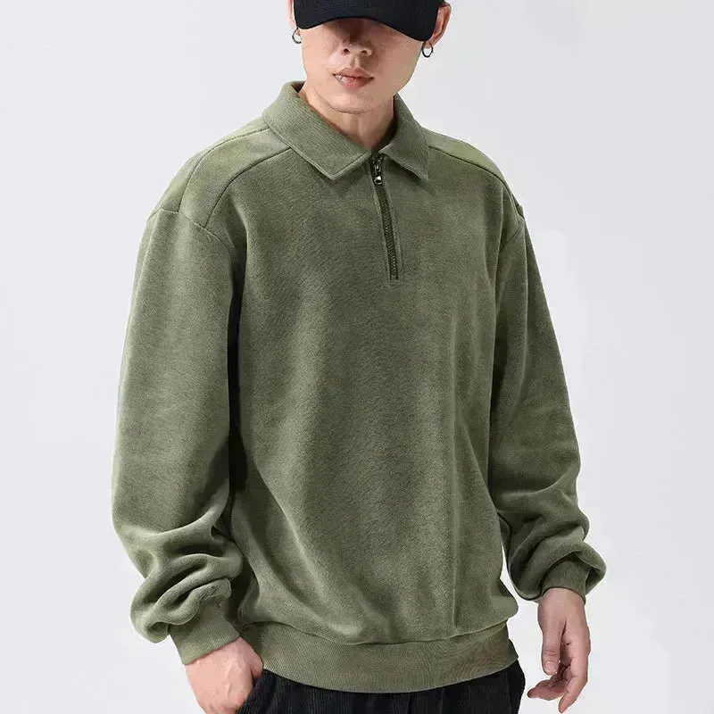 Autumn Winter Fashion Lapel Half-zip fleece Sweatshirt Pullover tops for Men