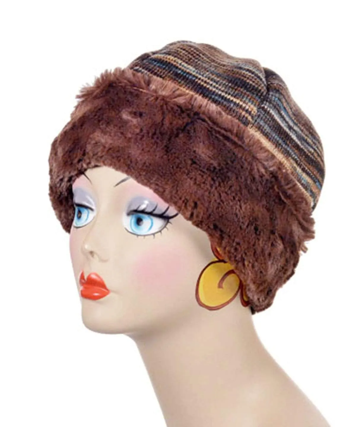 Beanie Hat, Reversible - Sweet Stripes in English Toffee with Chocolate Faux Fur