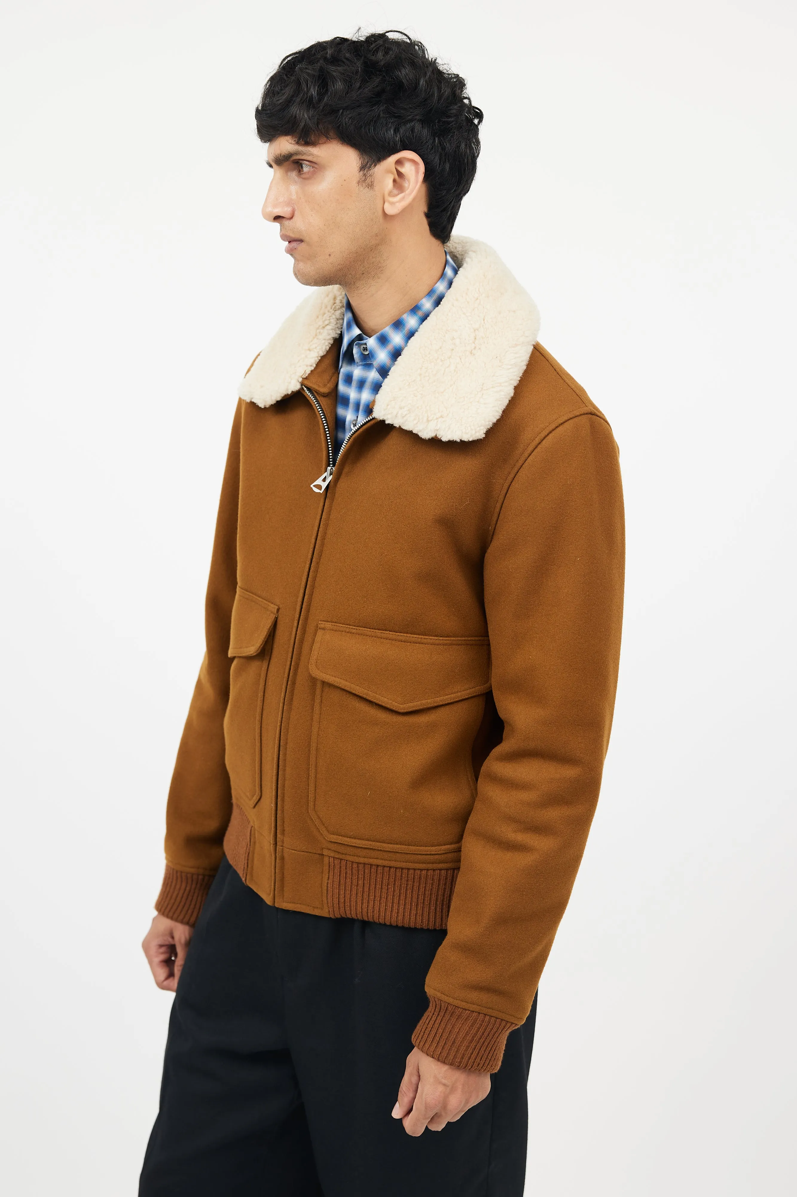 Brown Wool Shearling Collar Jacket