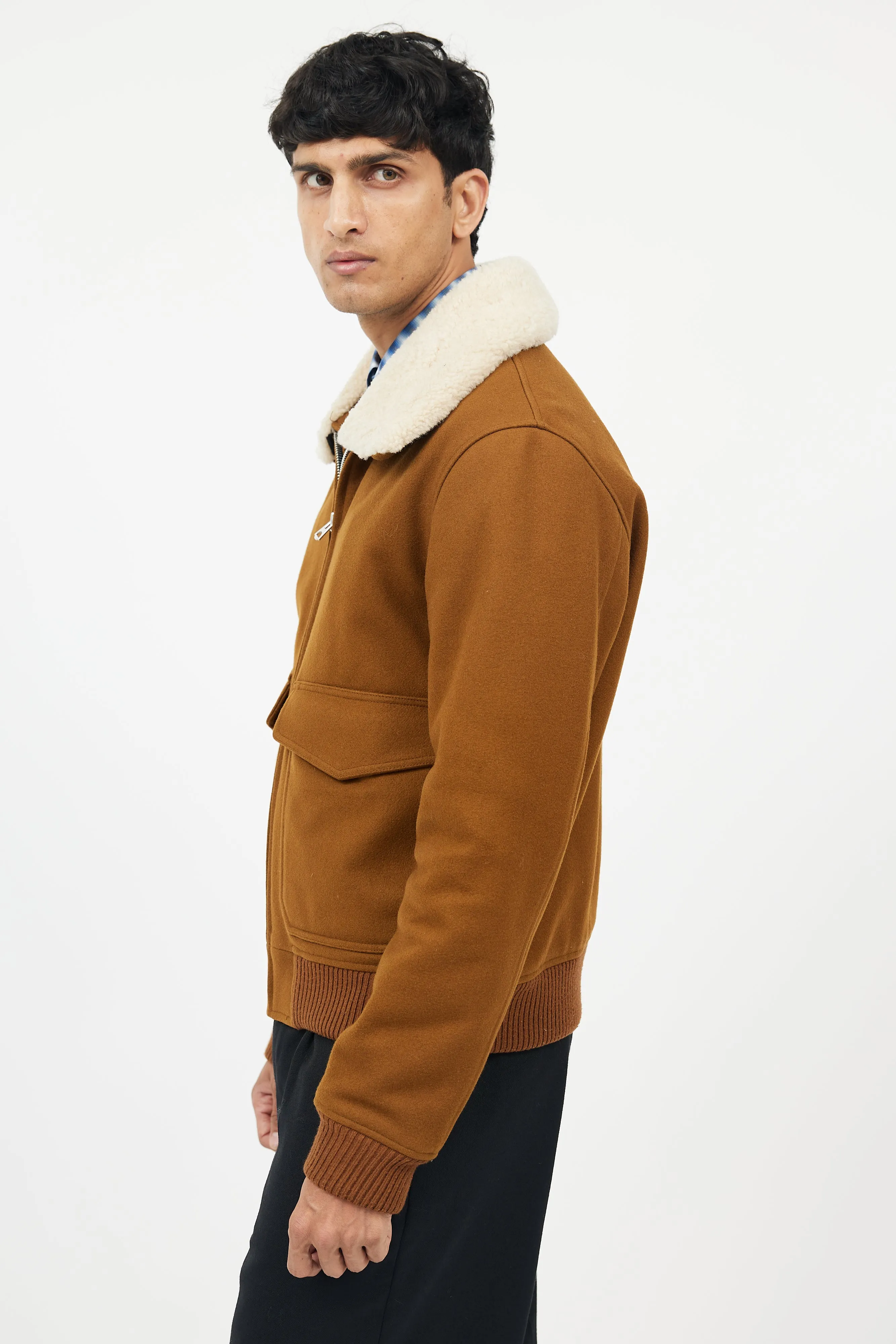 Brown Wool Shearling Collar Jacket