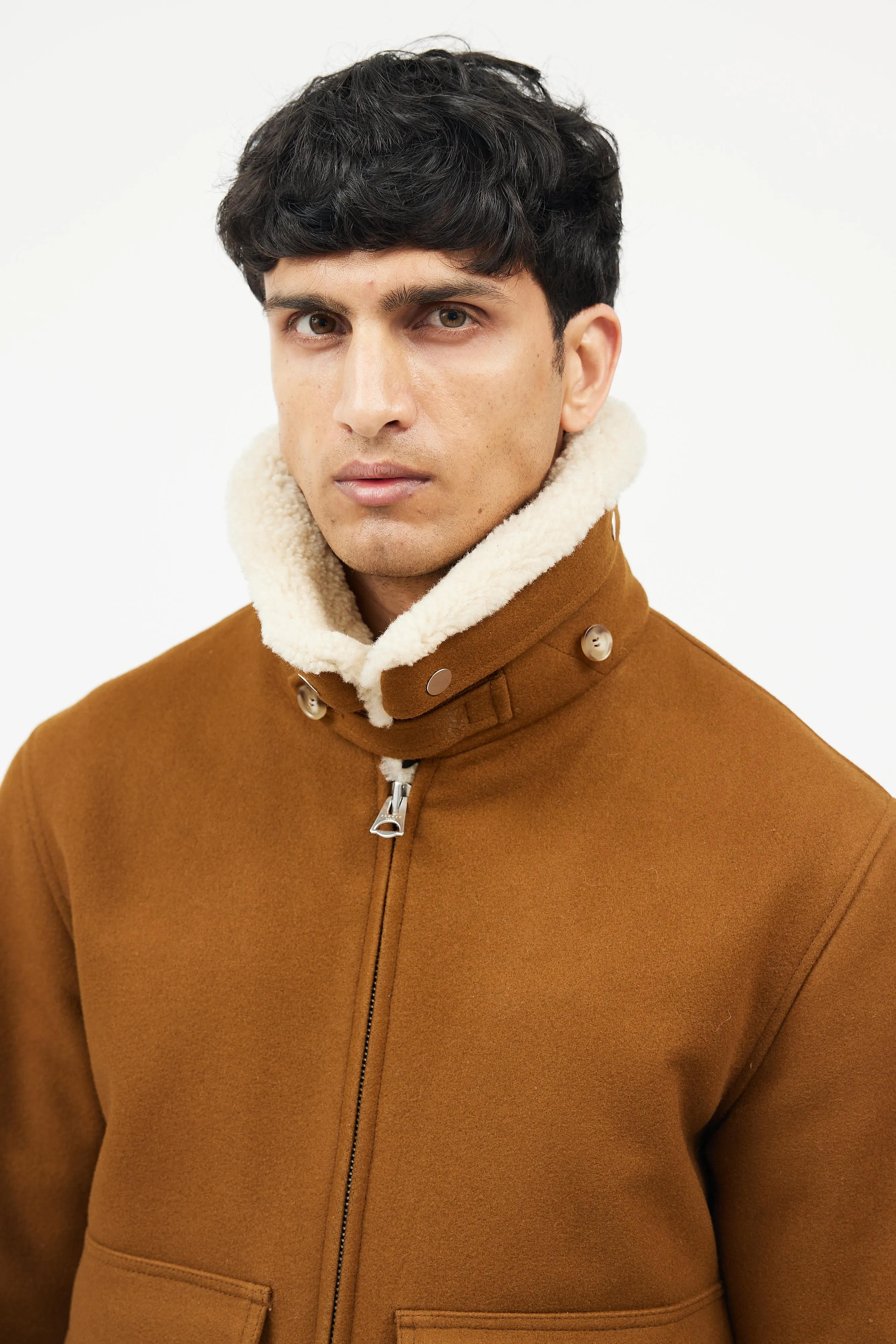 Brown Wool Shearling Collar Jacket