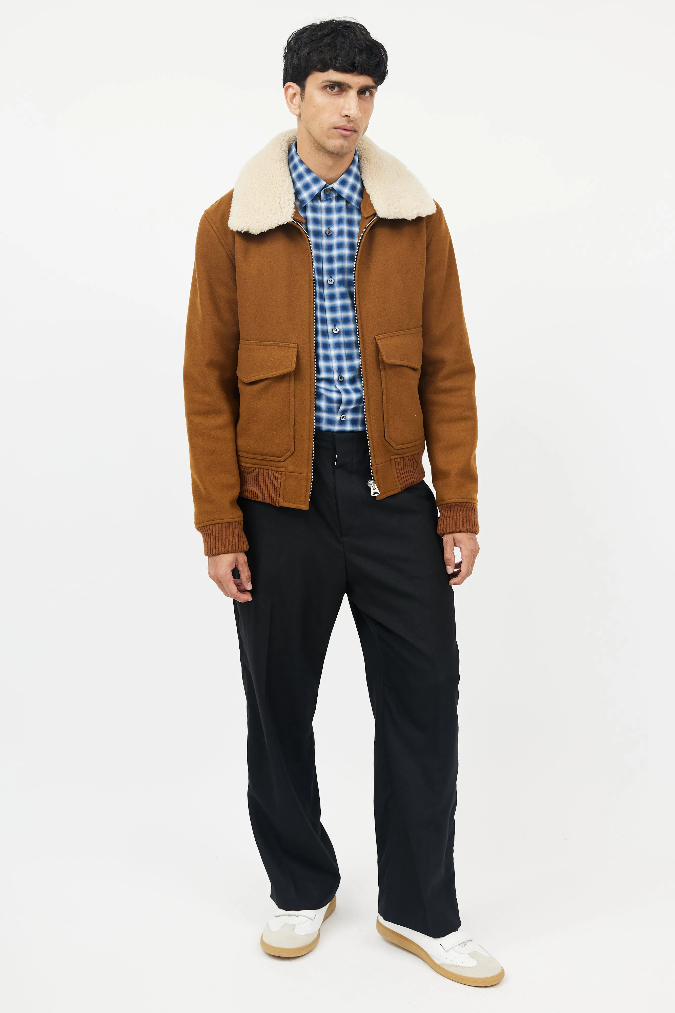 Brown Wool Shearling Collar Jacket