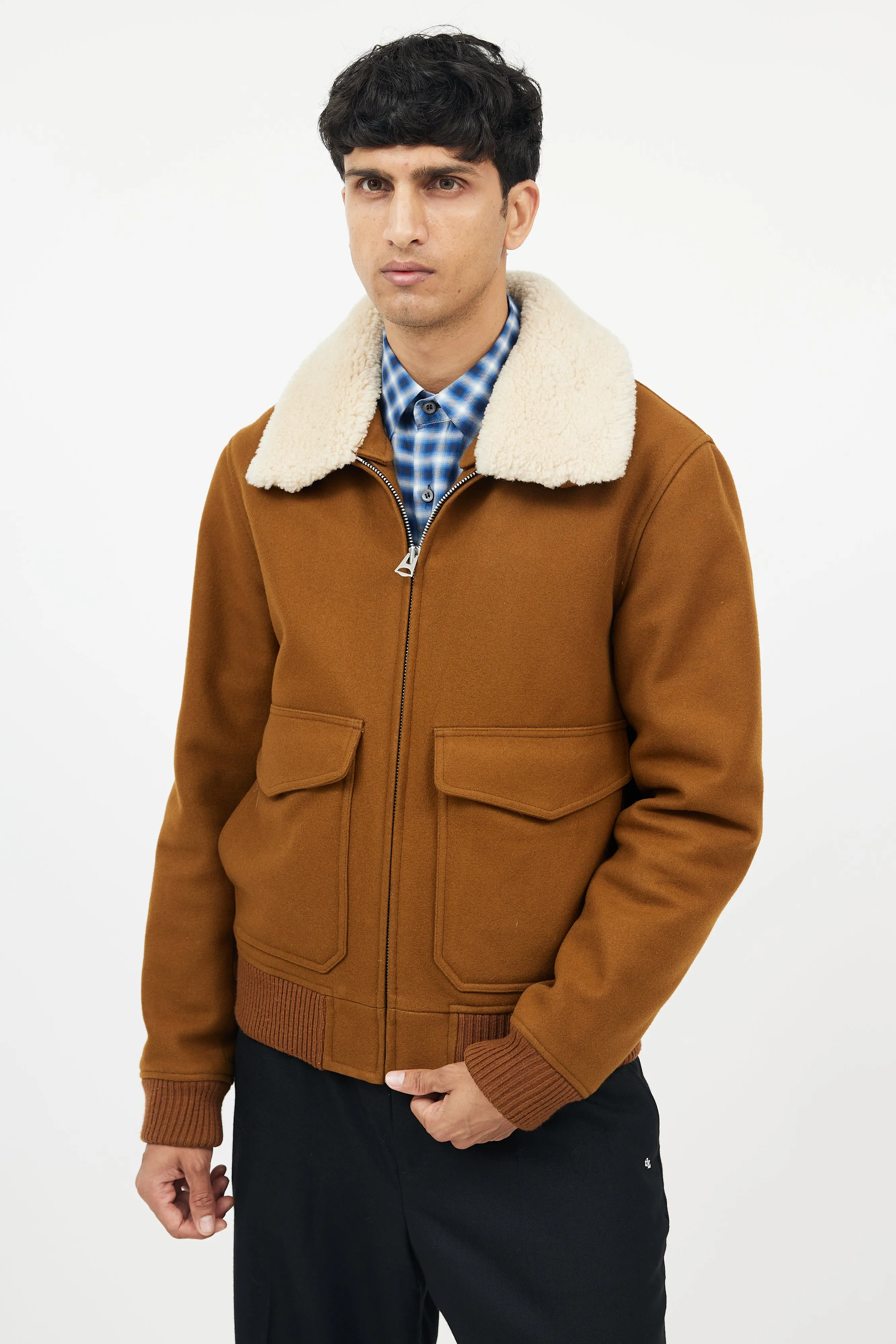 Brown Wool Shearling Collar Jacket