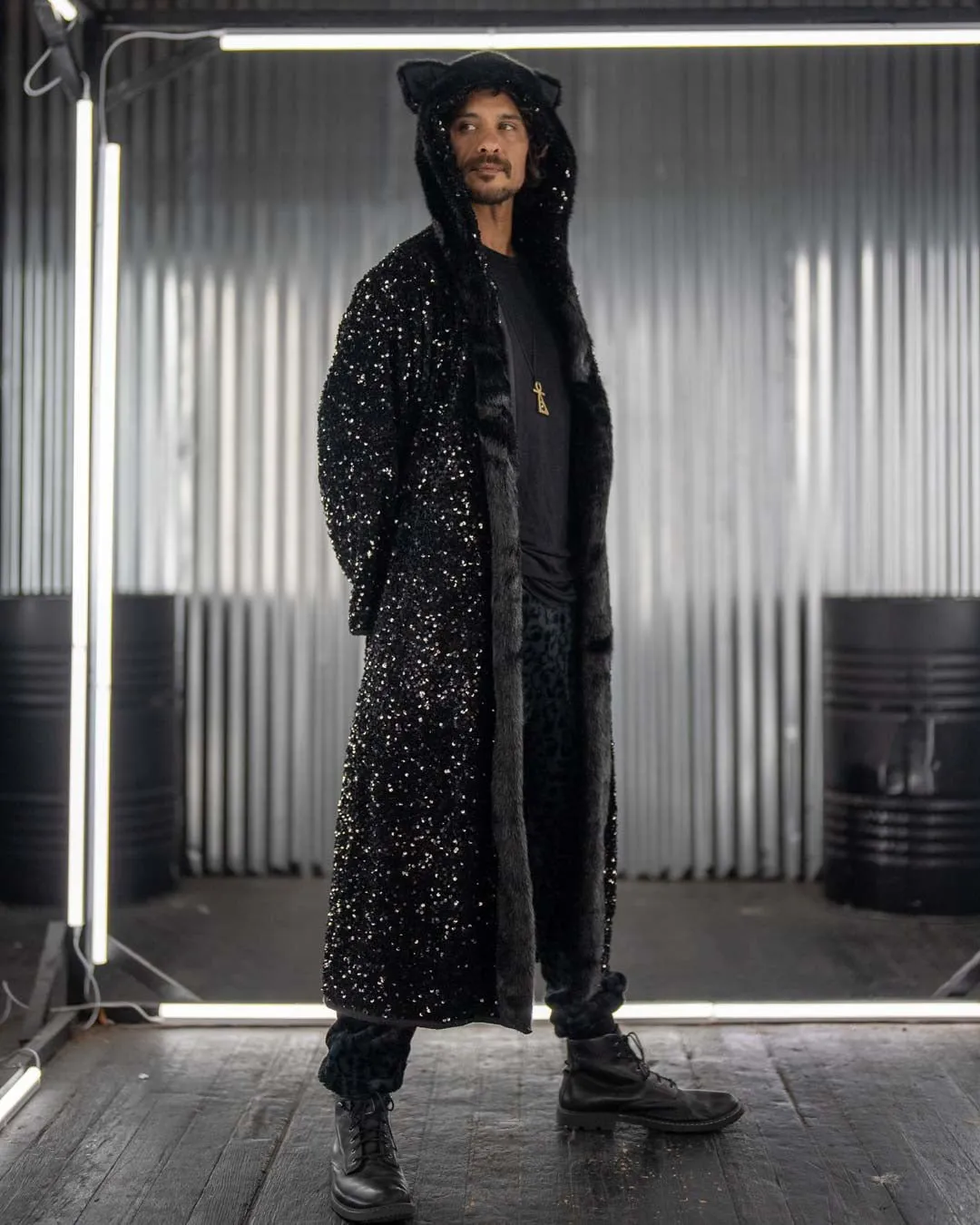 Classic Men's Long Sequin Coat | Black Panther