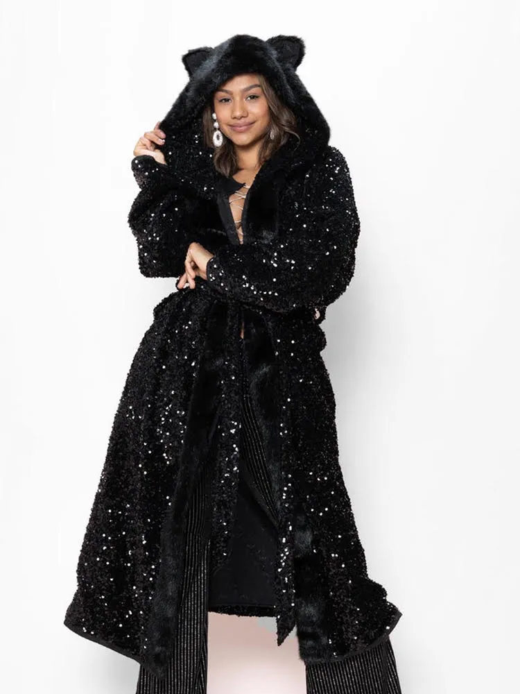 Classic Women's Long Sequin Coat | Black Panther