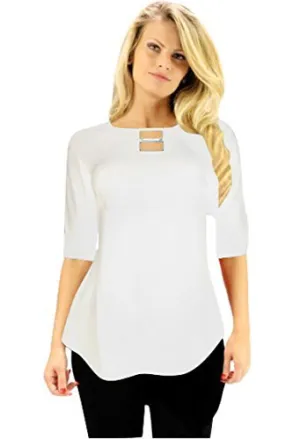 Crystaline Collections Crystal Collar Cold Shoulder White Tunic Swarovski Crystal Accent