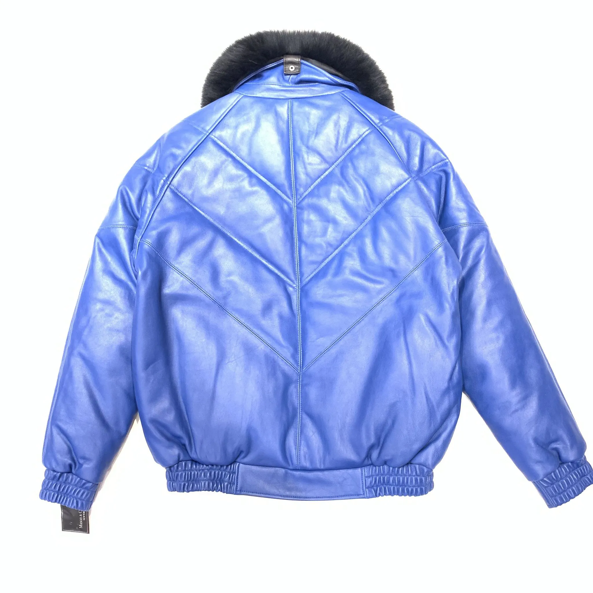 Daniels Leather Men's Royal Blue Quilted Lambskin Fox Collar Biker Jacket