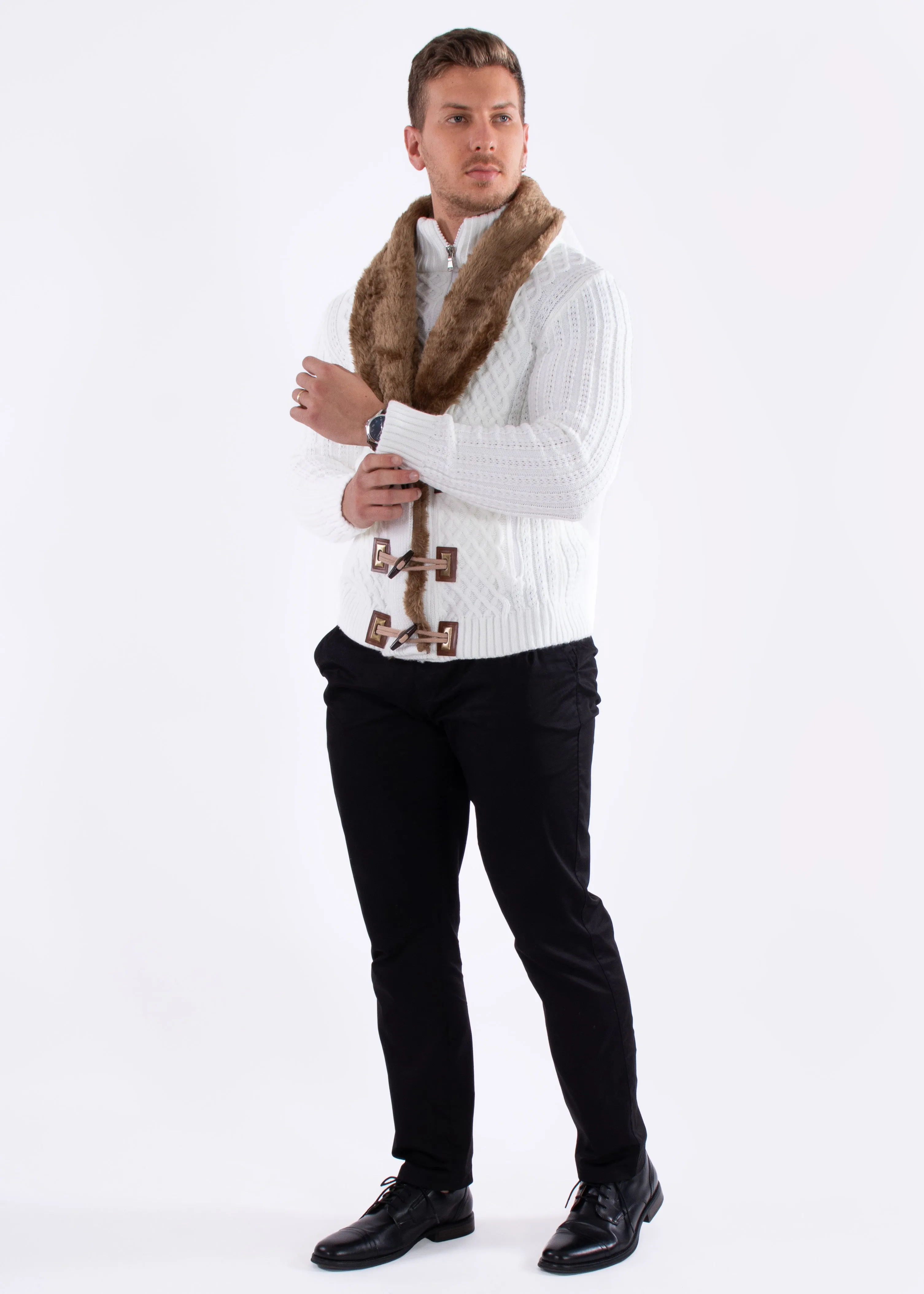 Full Zip Cable Knit Fur Collar Sweater White