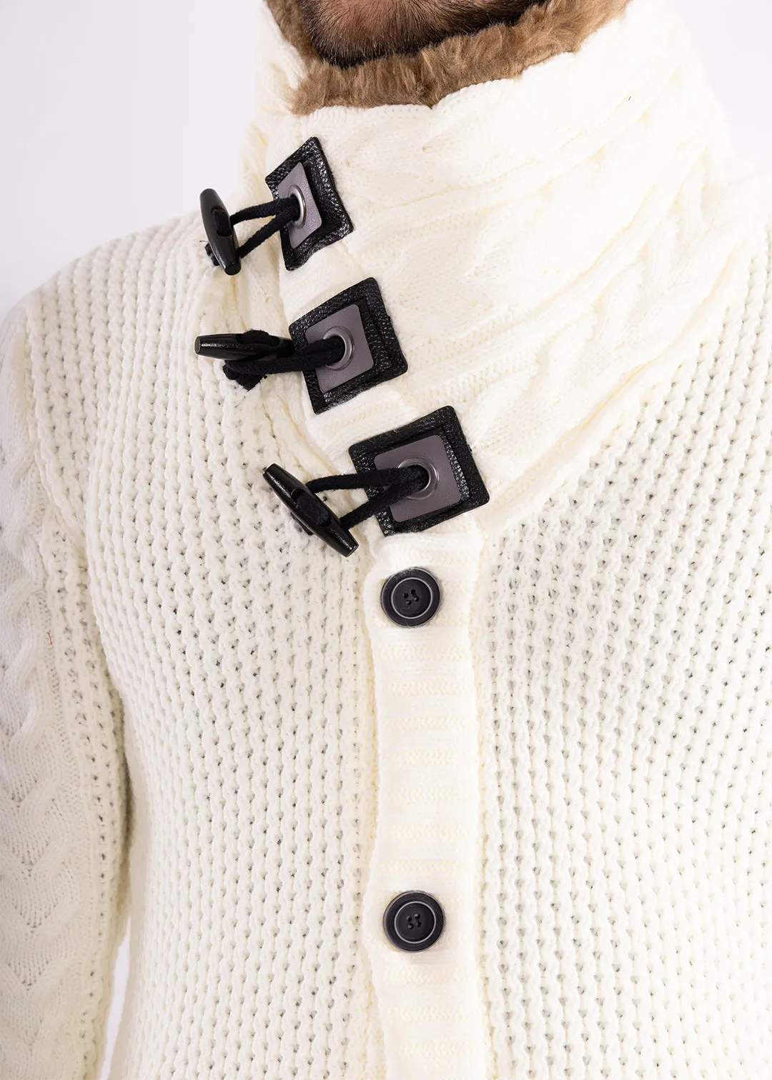 Fur-Lined Collar Button Up Sweater White