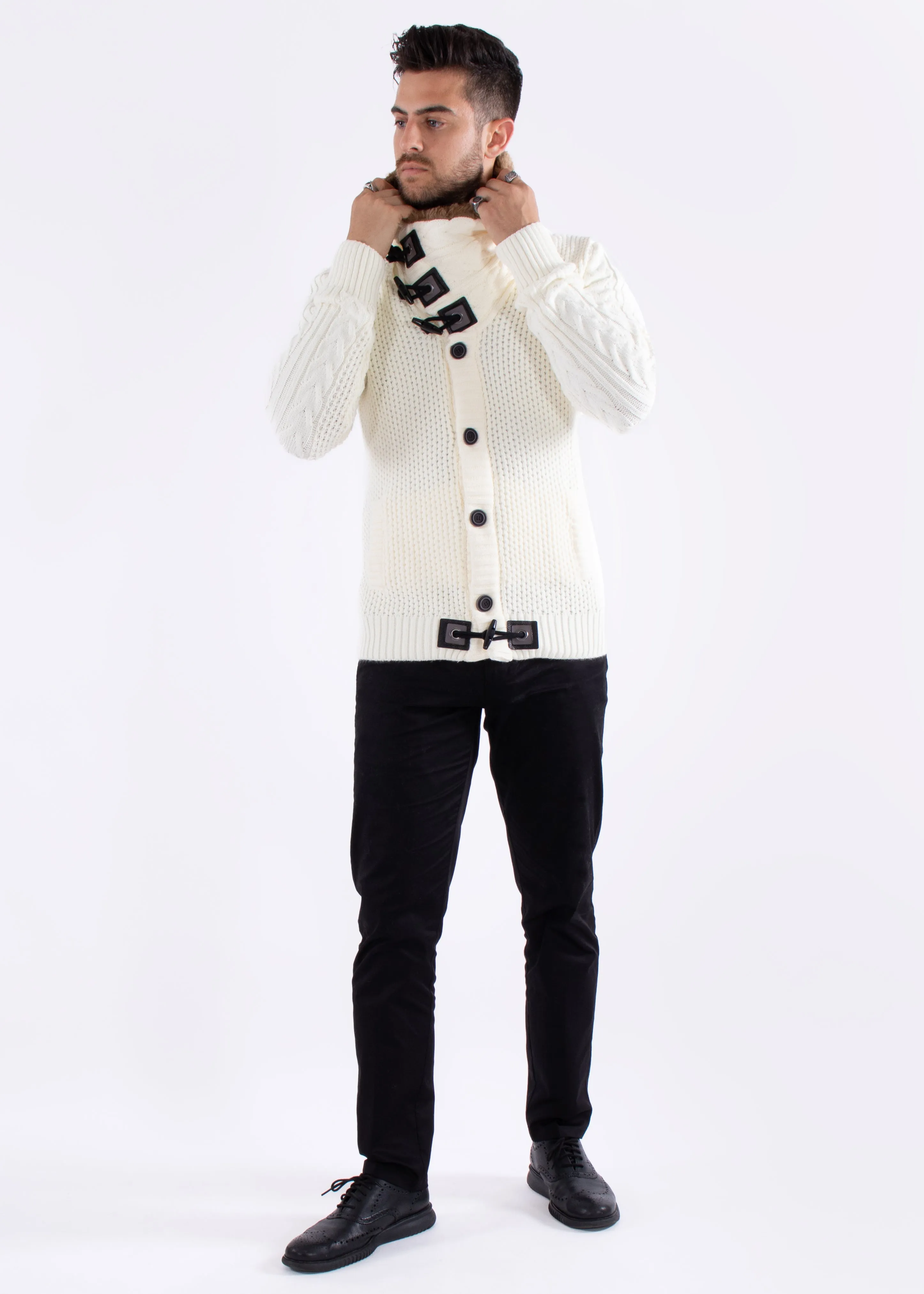 Fur-Lined Collar Button Up Sweater White