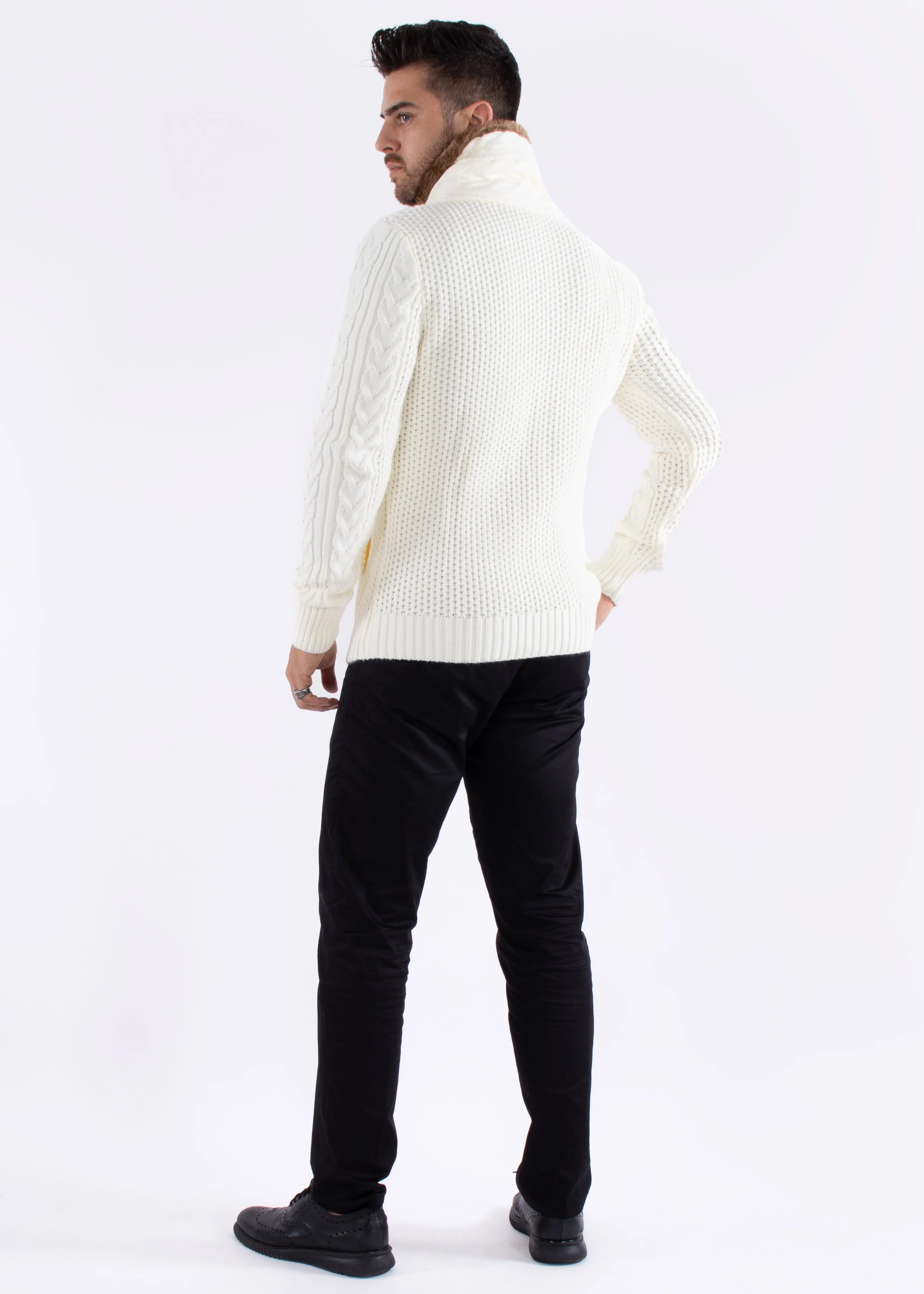 Fur-Lined Collar Button Up Sweater White