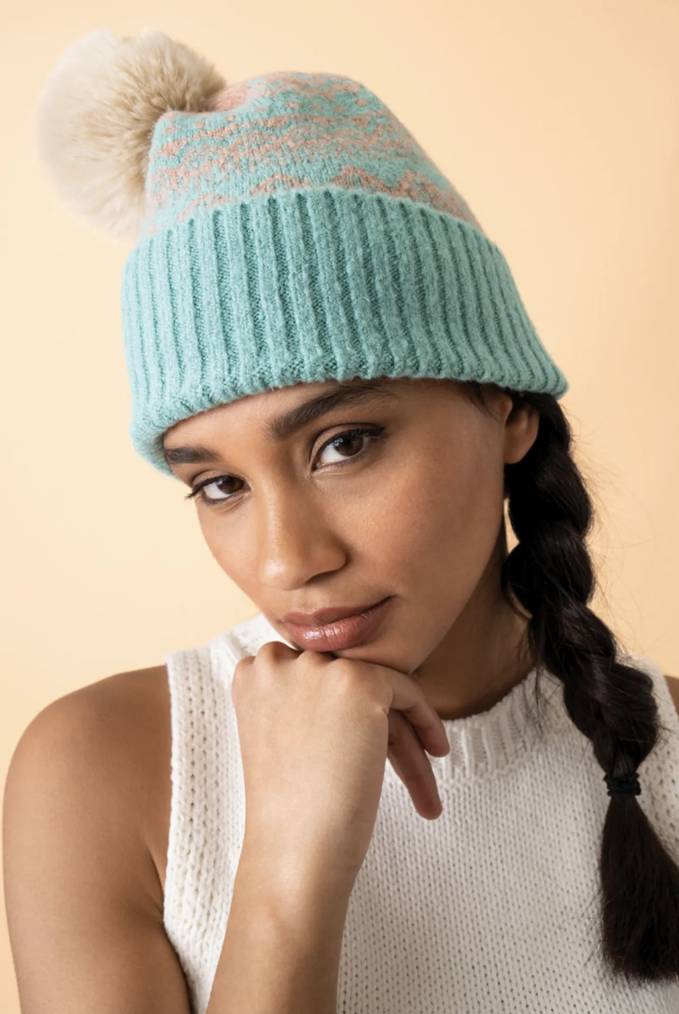 Ingrid Bobble Hat - Taupe/Aqua