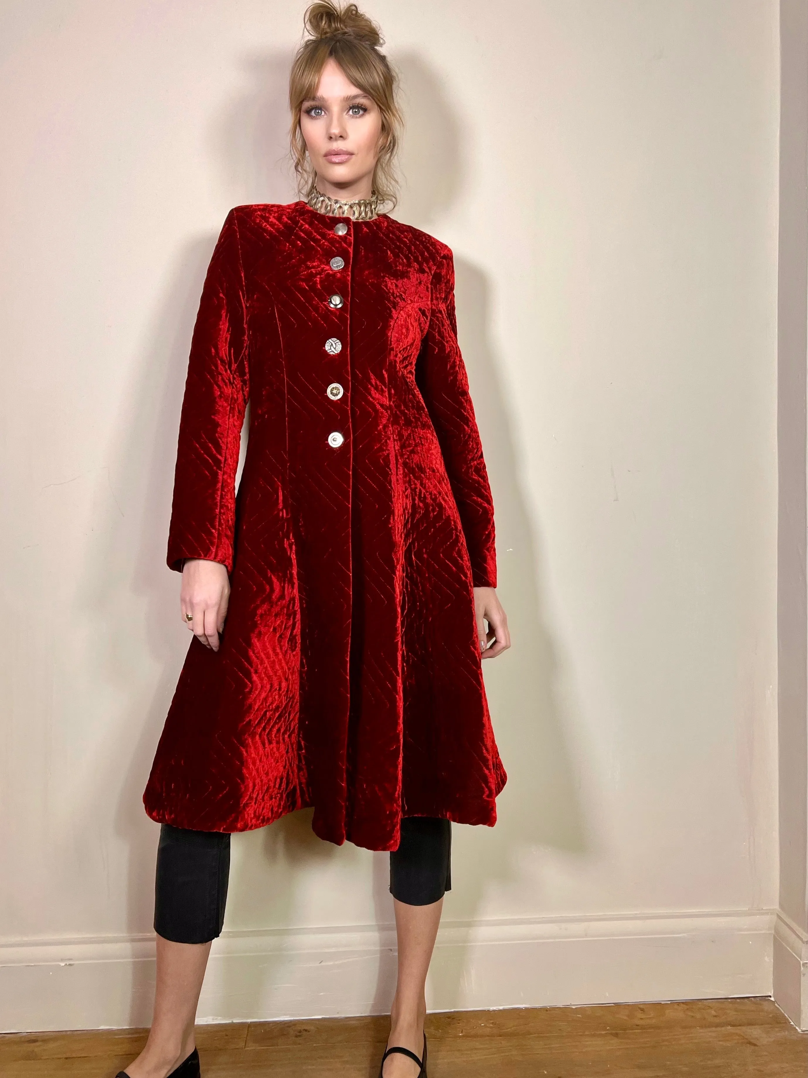 Lola, vintage quilted ruby red velvet coat