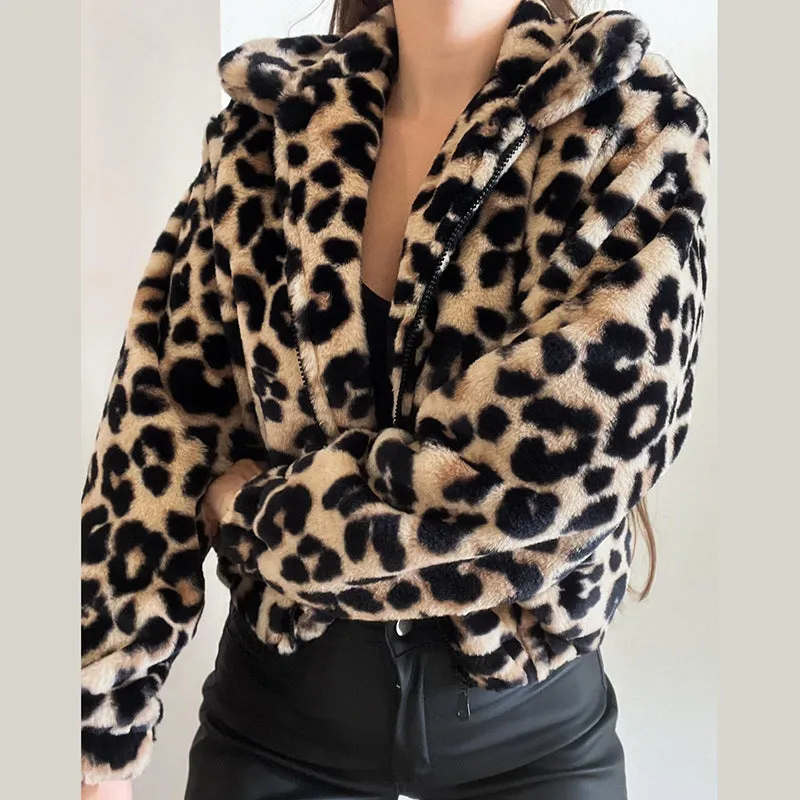 Loose Leopard Print Short Plush Coat For Women