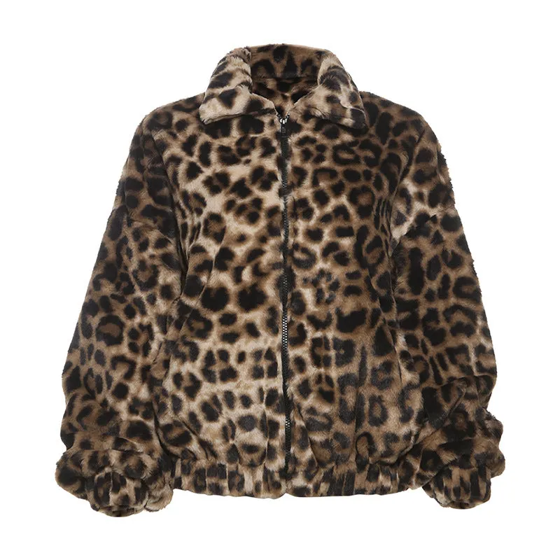 Loose Leopard Print Short Plush Coat For Women