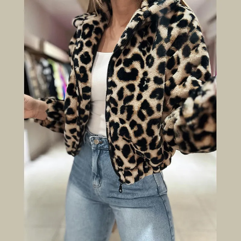 Loose Leopard Print Short Plush Coat For Women