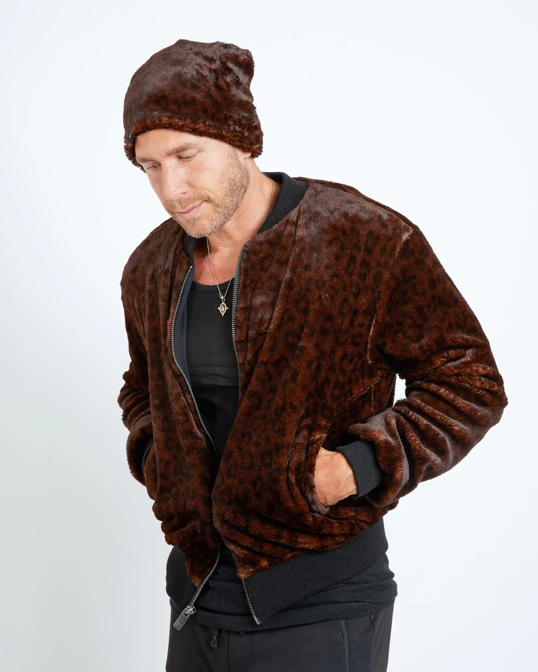 Mahogany Jaguar ULTRA SOFT Faux Fur Bomber Jacket | Men's