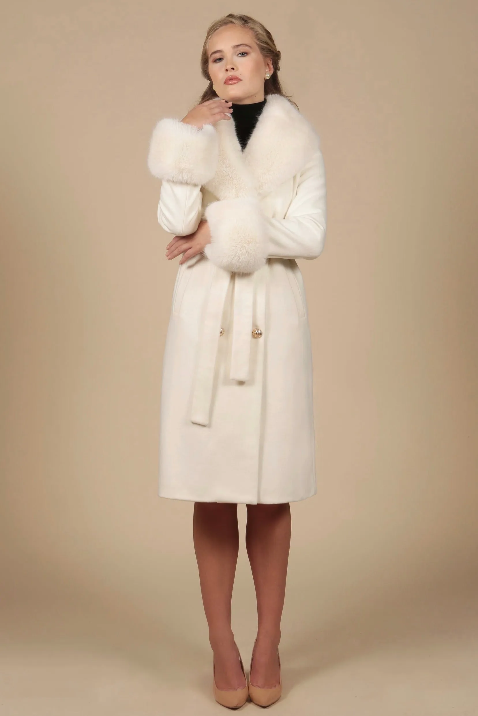 'Marlene' Cashmere and Wool Coat with Faux Fur in Bianco