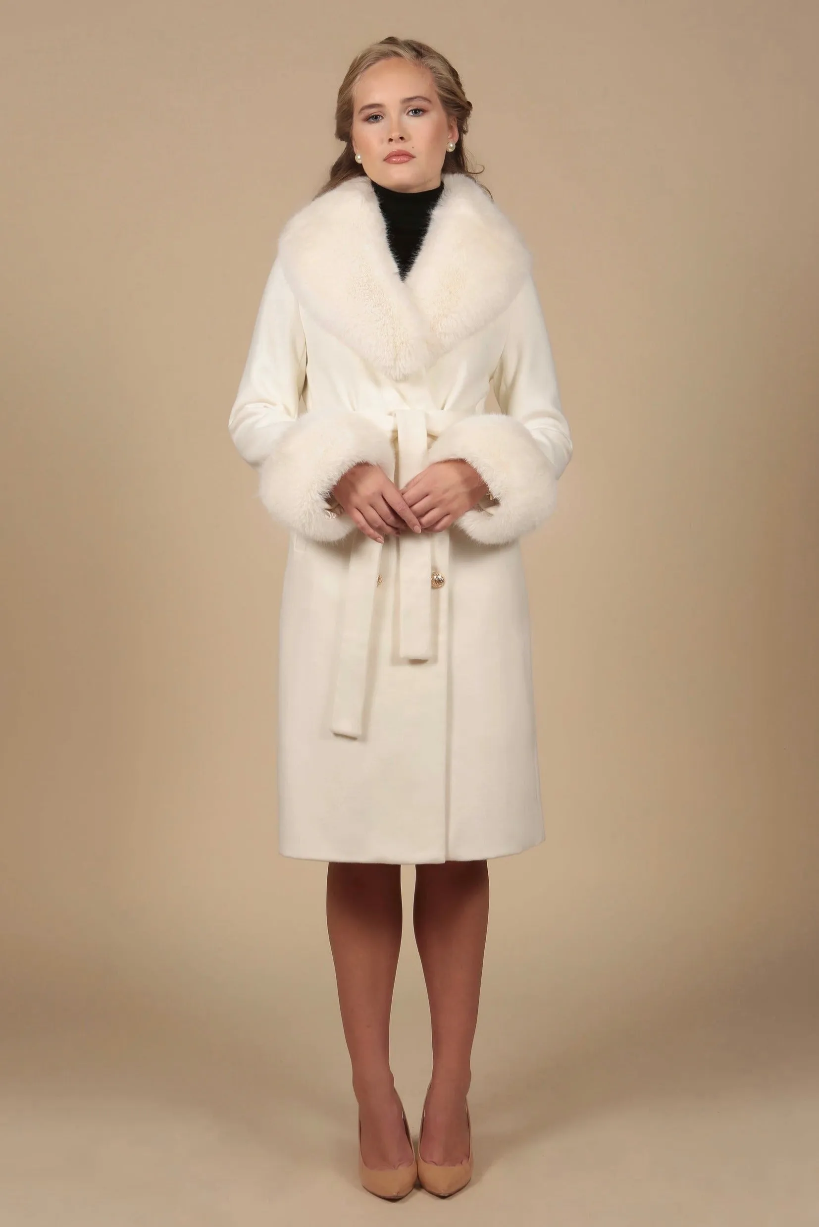 'Marlene' Cashmere and Wool Coat with Faux Fur in Bianco