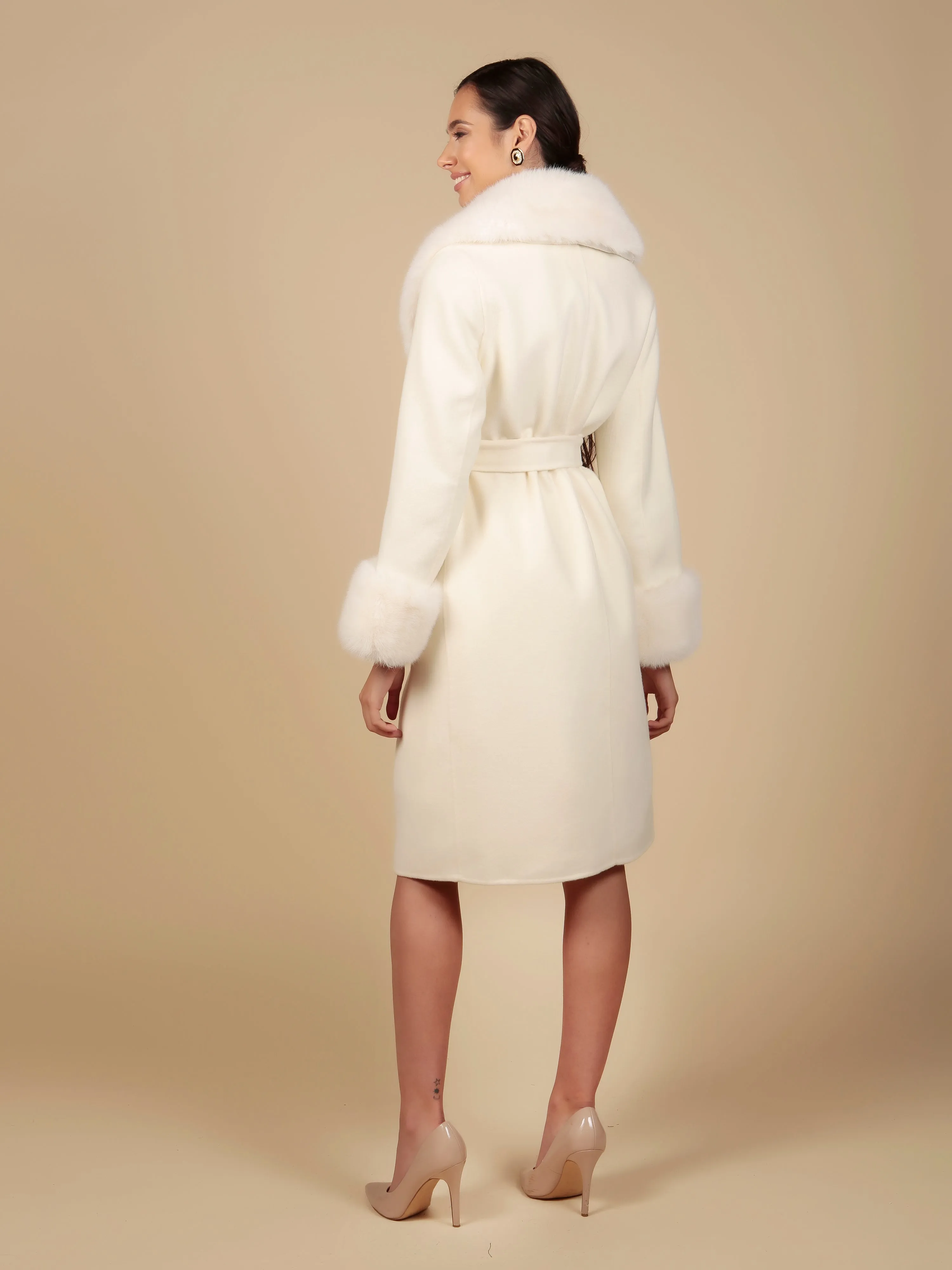 'Marlene' Cashmere and Wool Coat with Faux Fur in Bianco