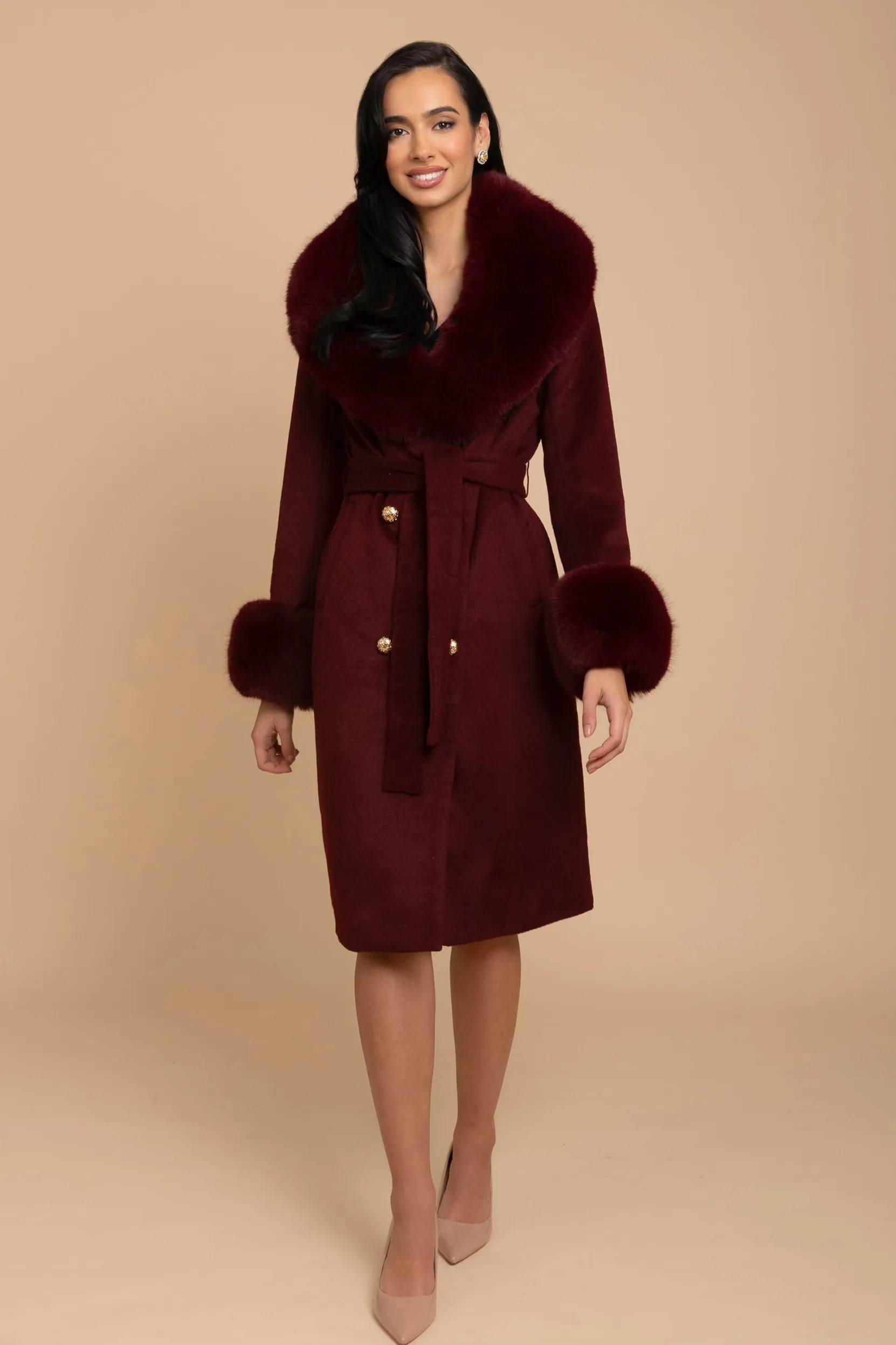 'Marlene' Cashmere and Wool Coat with Faux Fur in Rosso