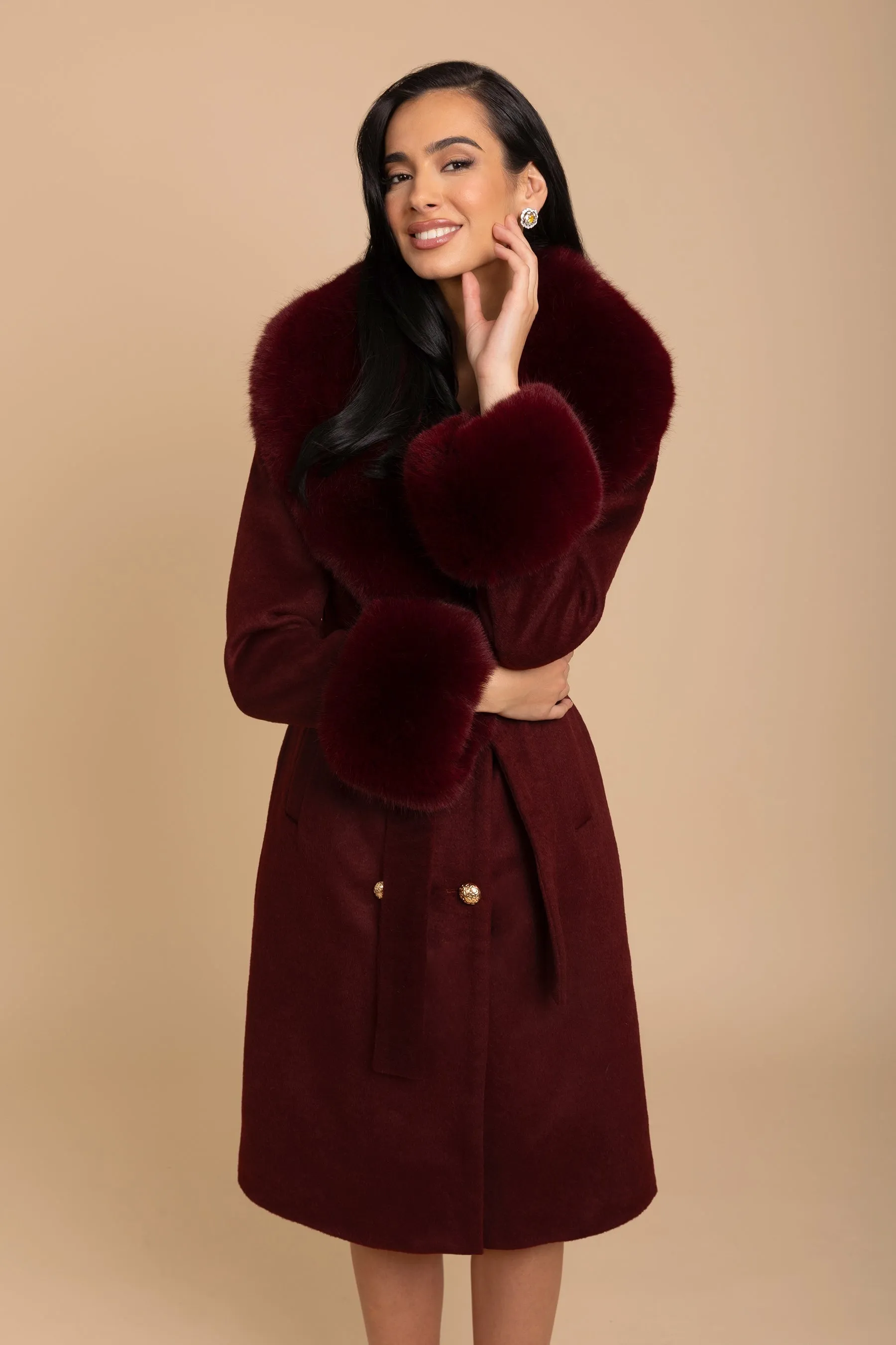 'Marlene' Cashmere and Wool Coat with Faux Fur in Rosso