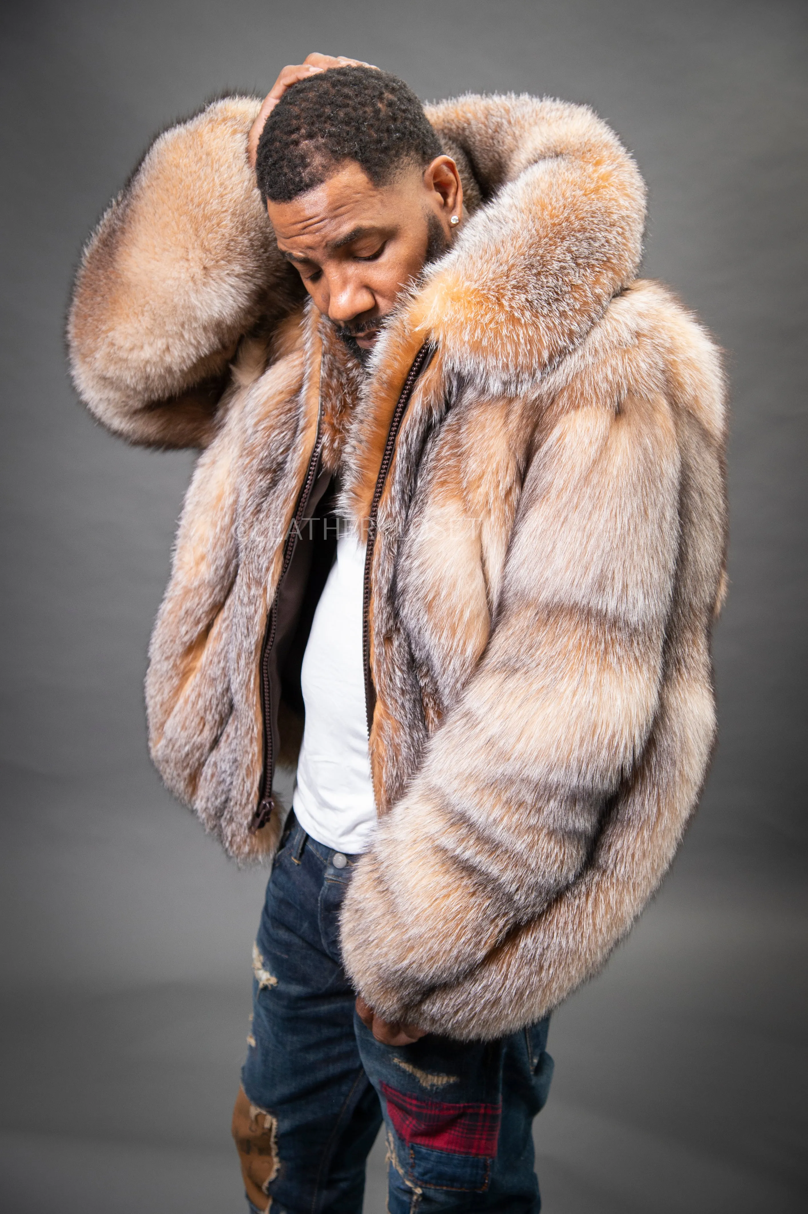 Men's Black Fox Fur Bomber Jacket [Crystal]