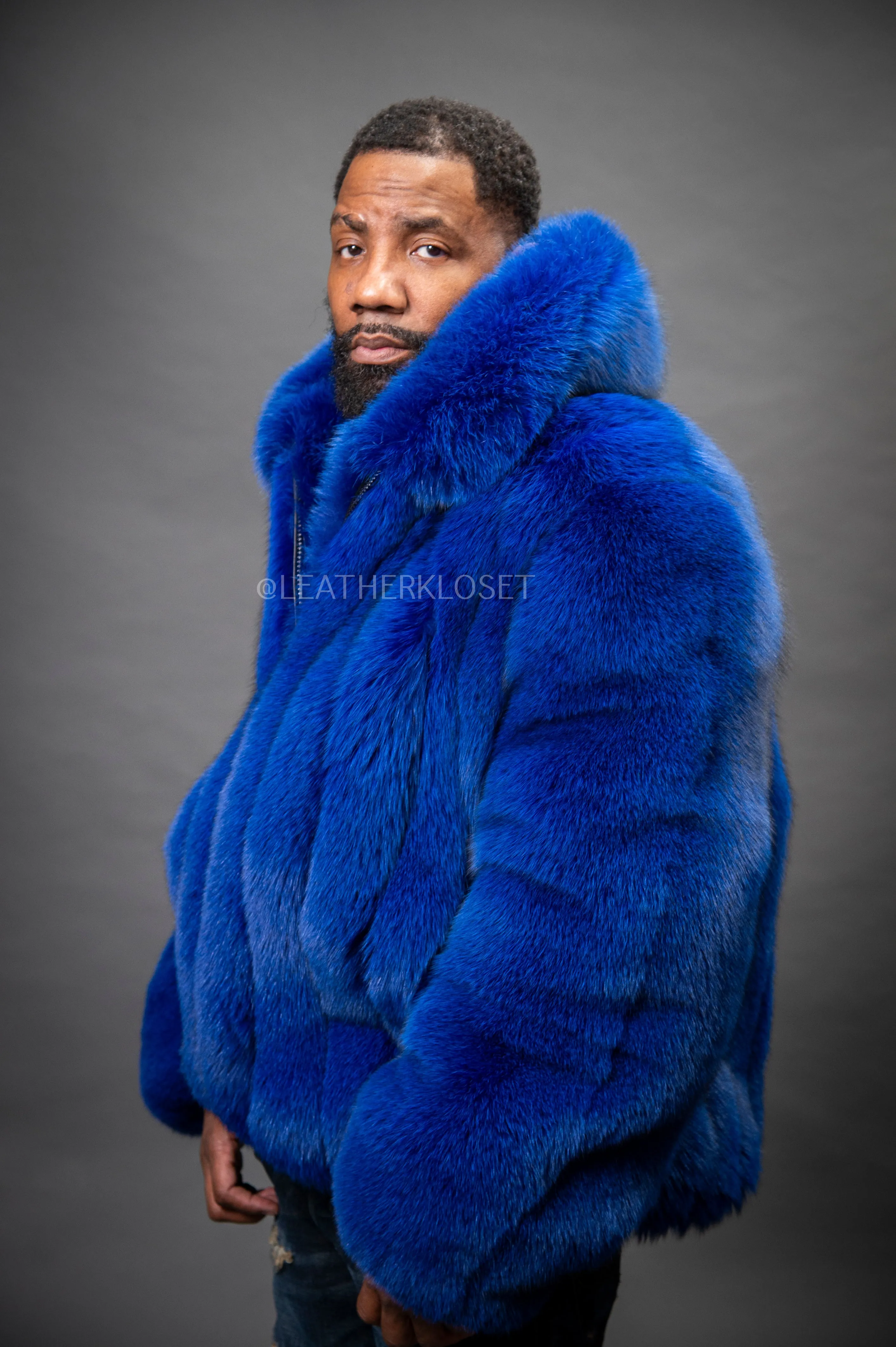 Men's Black Fox Fur Bomber Jacket [Royal Blue]