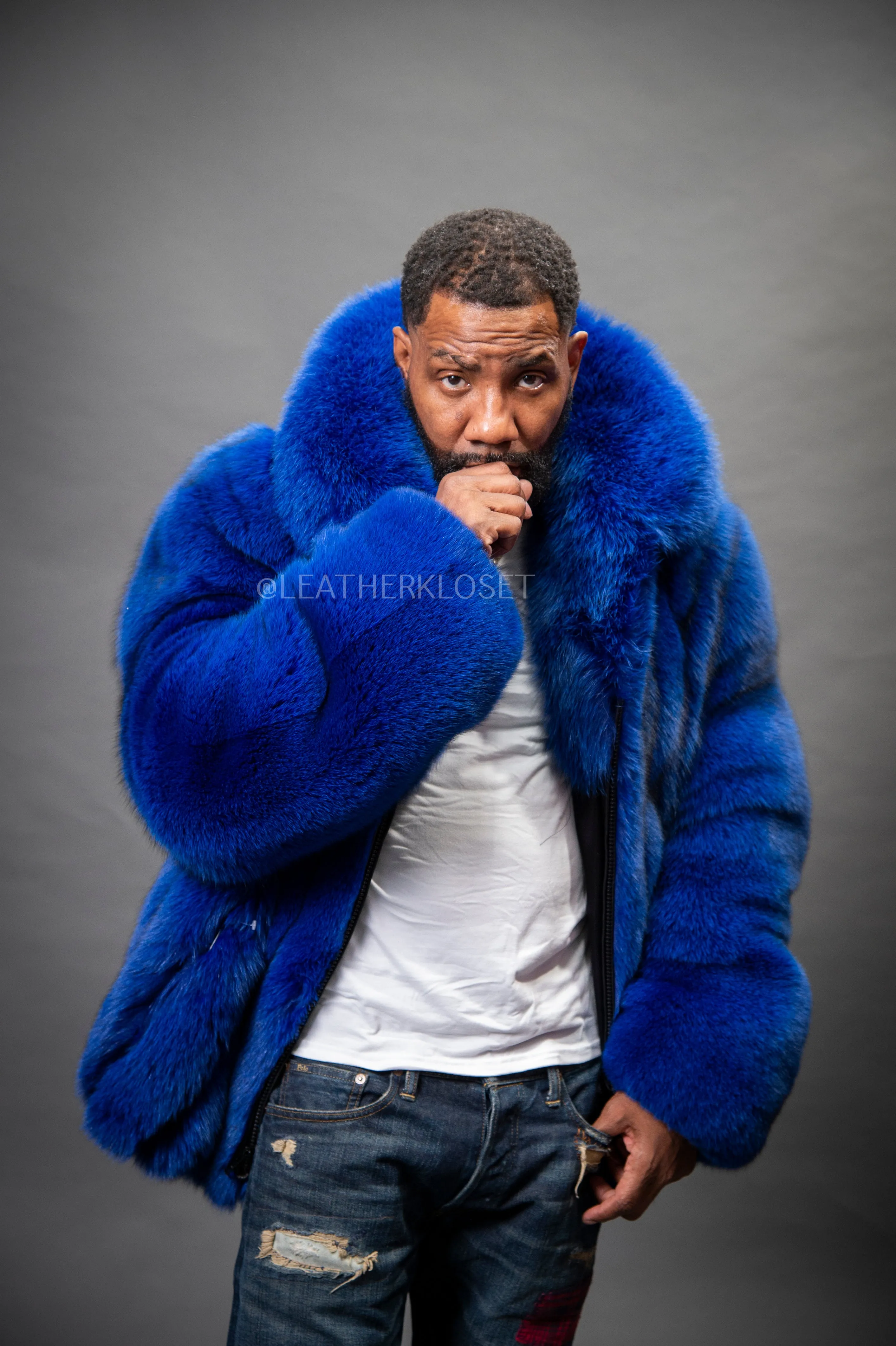 Men's Black Fox Fur Bomber Jacket [Royal Blue]