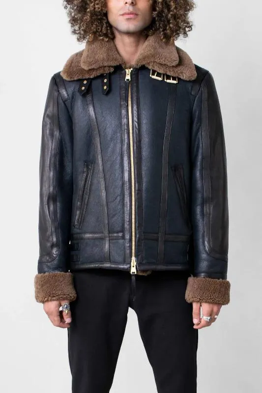 Men's Blue Sheepskin Shearling Leather Jacket