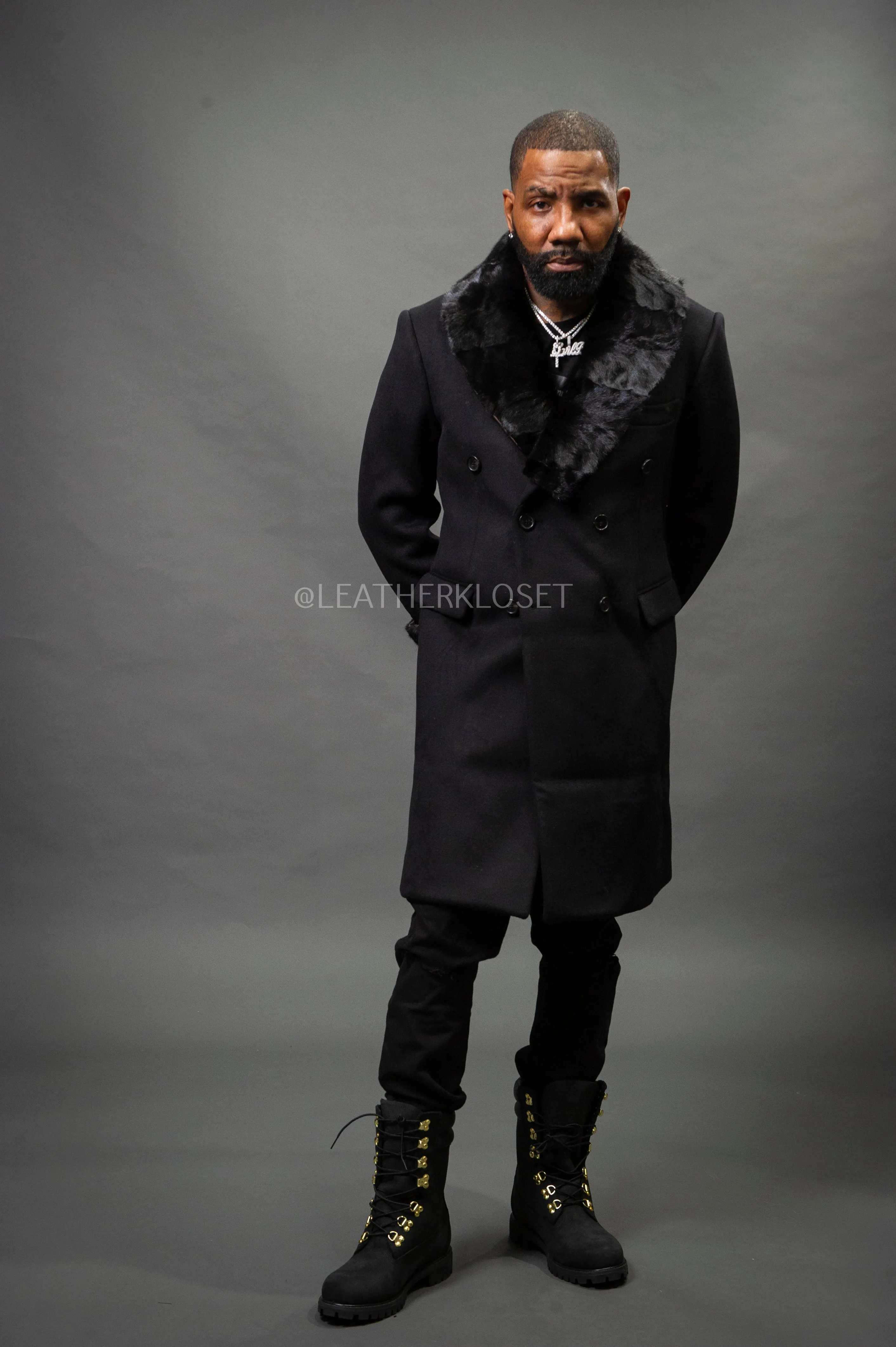 Men's Cashmere Trench Coat Black With Mink Collar & Cuffs [Black]