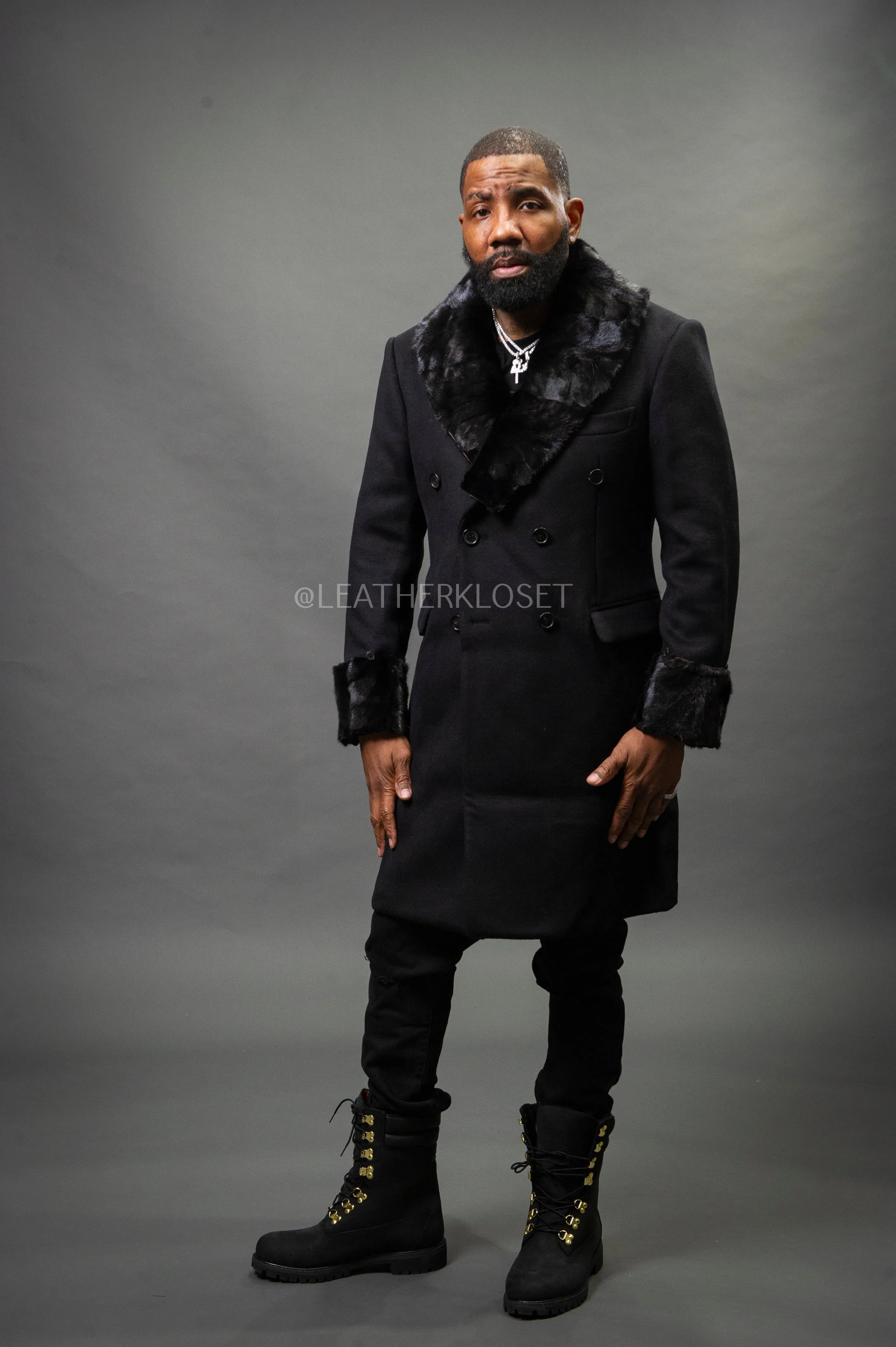 Men's Cashmere Trench Coat Black With Mink Collar & Cuffs [Black]