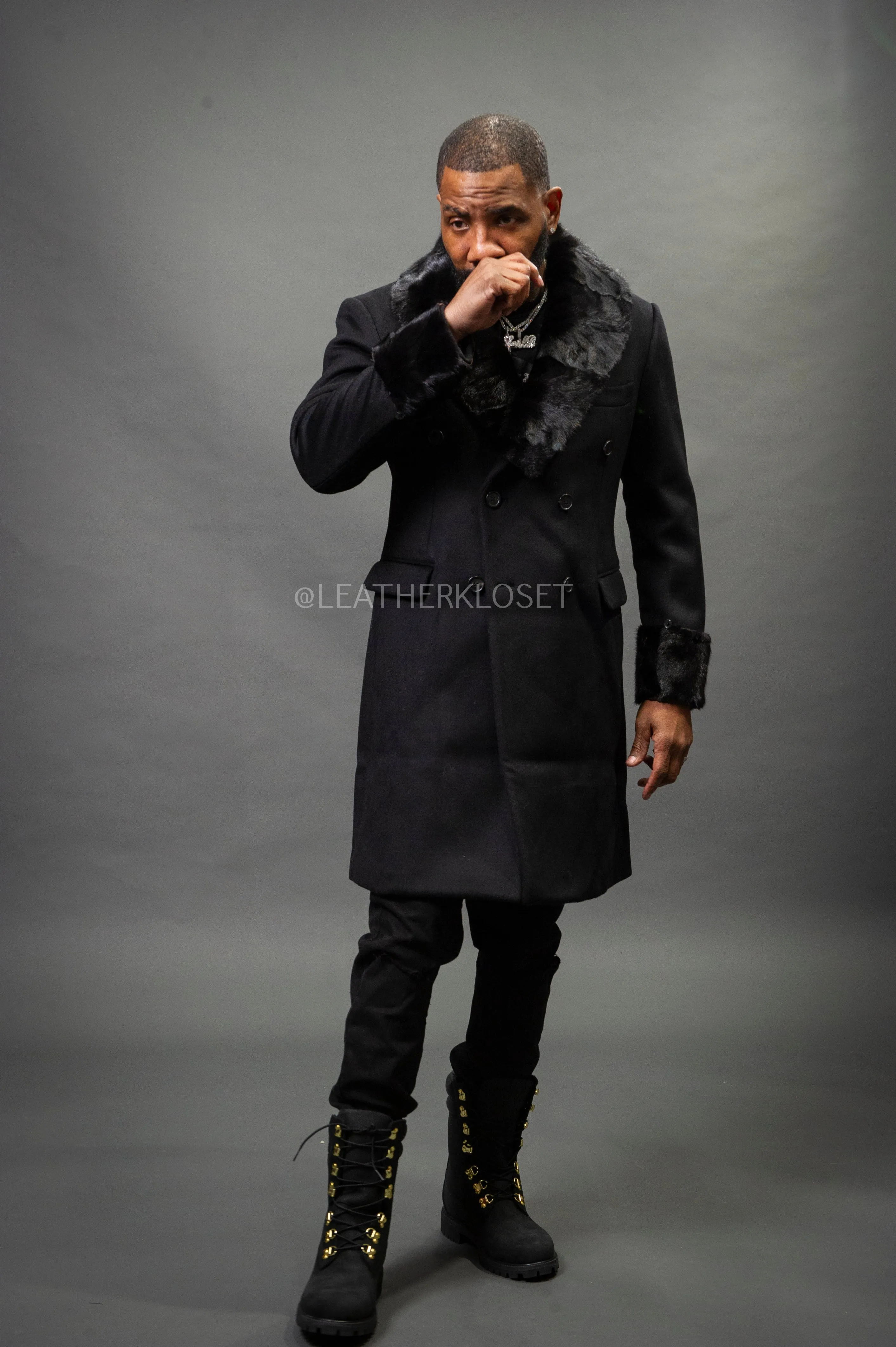 Men's Cashmere Trench Coat Black With Mink Collar & Cuffs [Black]