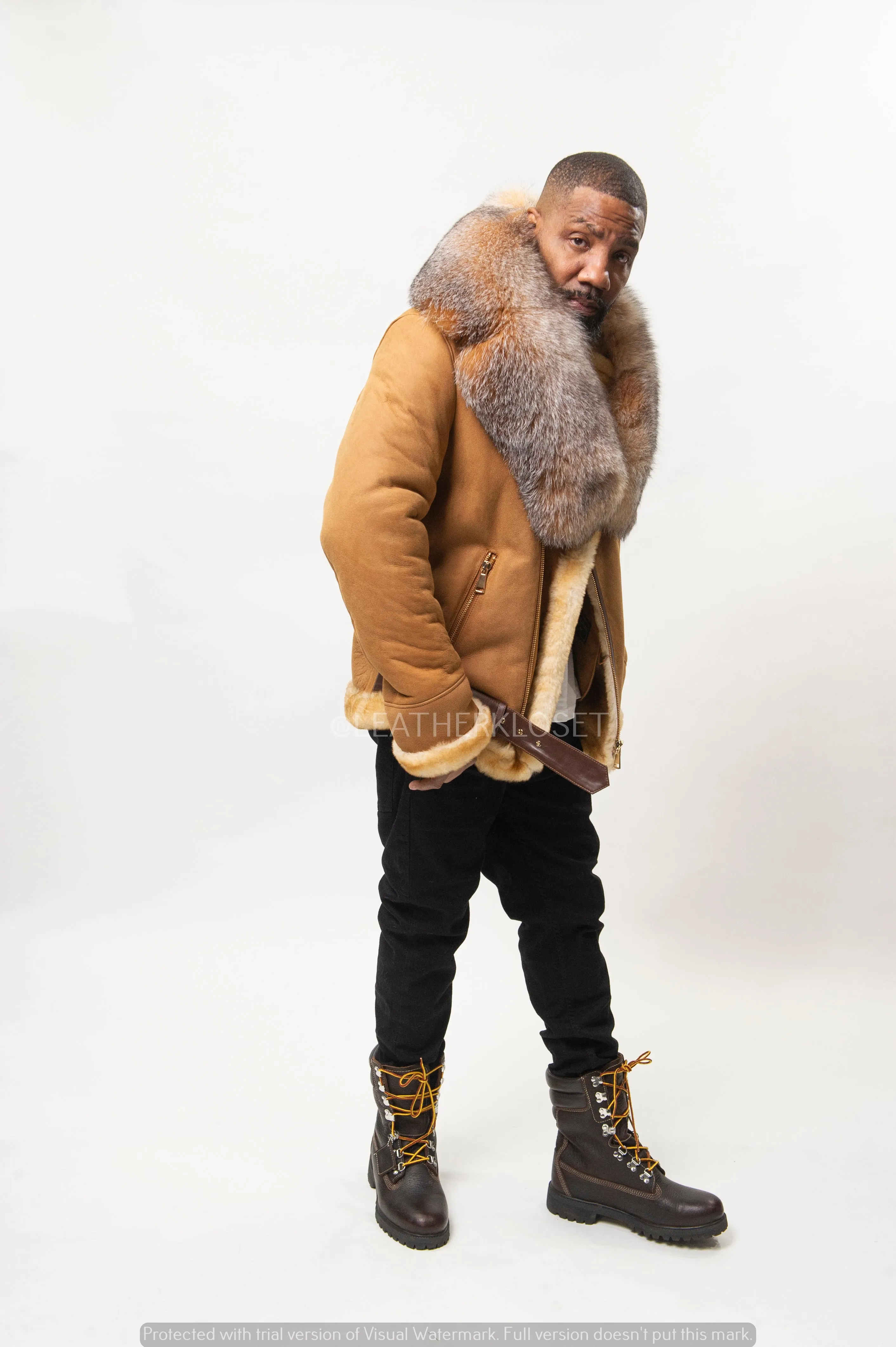 Men's Classic Sheepskin Shearling Biker With Fox Collar