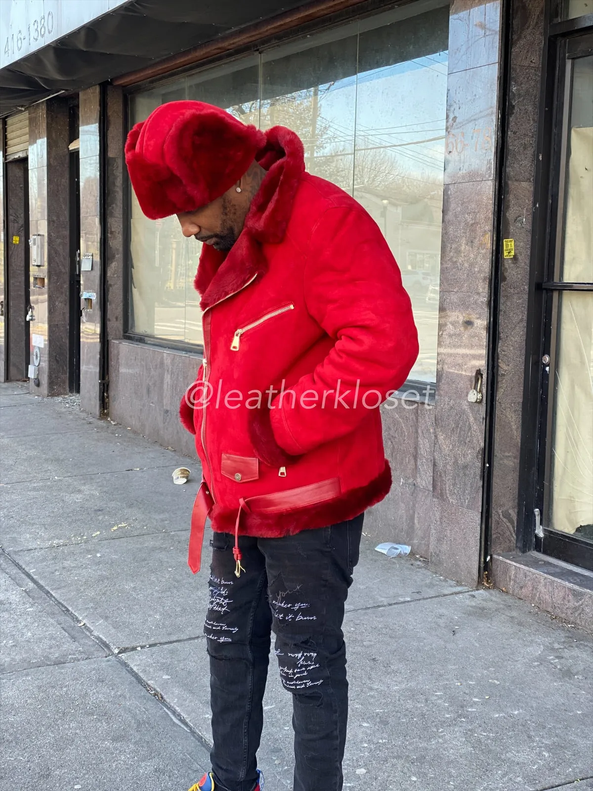 Men's Classic Sheepsking Shearling Biker With Hat [Oxblood]