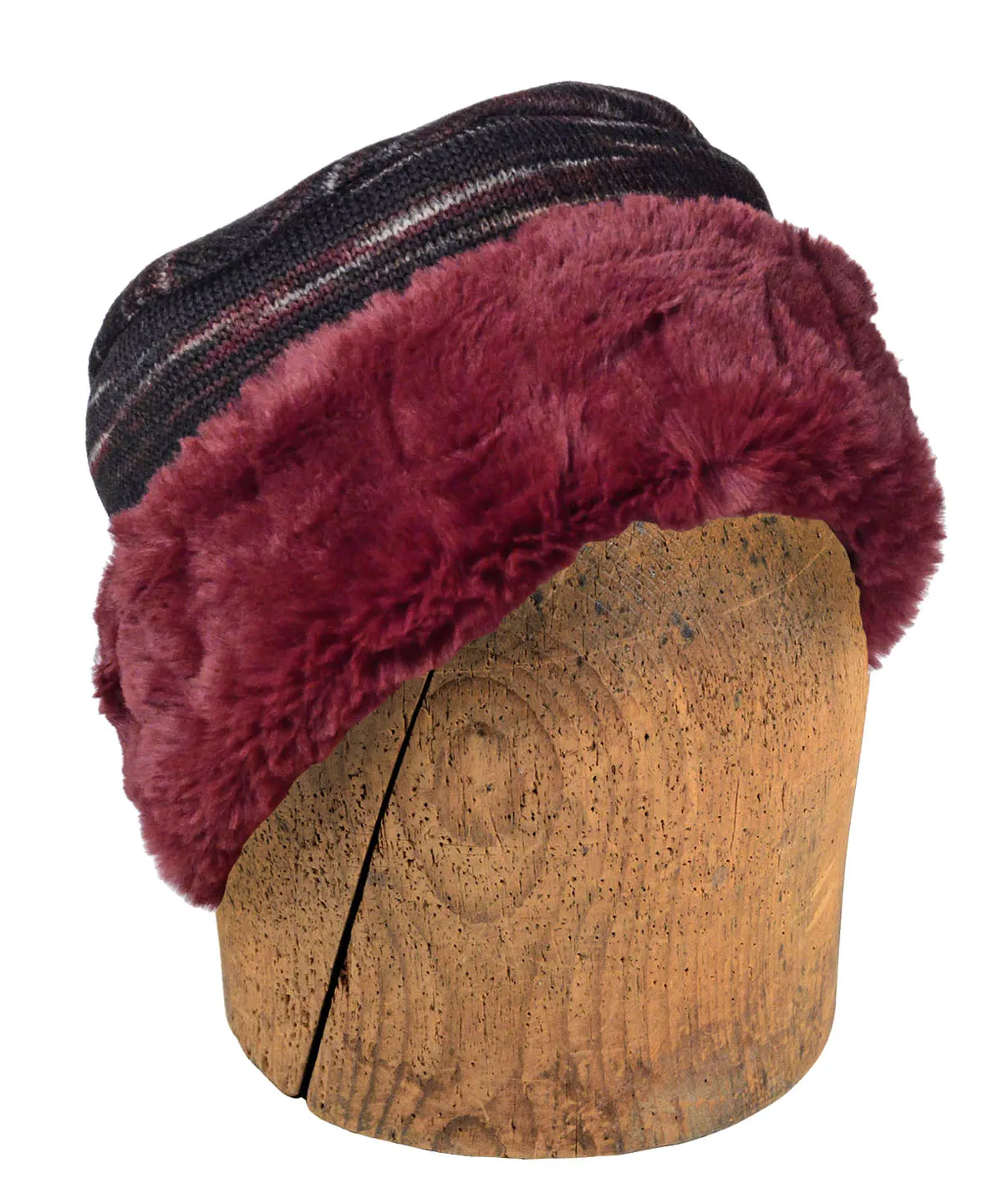 Men's Cuffed Pillbox, Reversible (Two-Tone) - Sweet Stripes in Cherry Cordial with Assorted Faux Fur