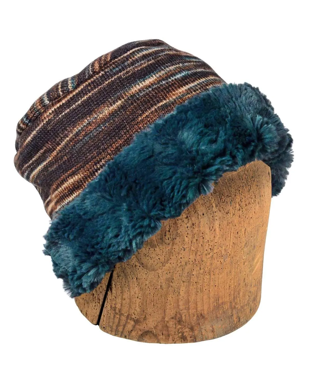 Men's Cuffed Pillbox, Reversible (Two-Tone) - Sweet Stripes in English Toffee with Assorted Faux Fur