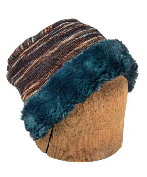 Men's Cuffed Pillbox, Reversible (Two-Tone) - Sweet Stripes in English Toffee with Assorted Faux Fur