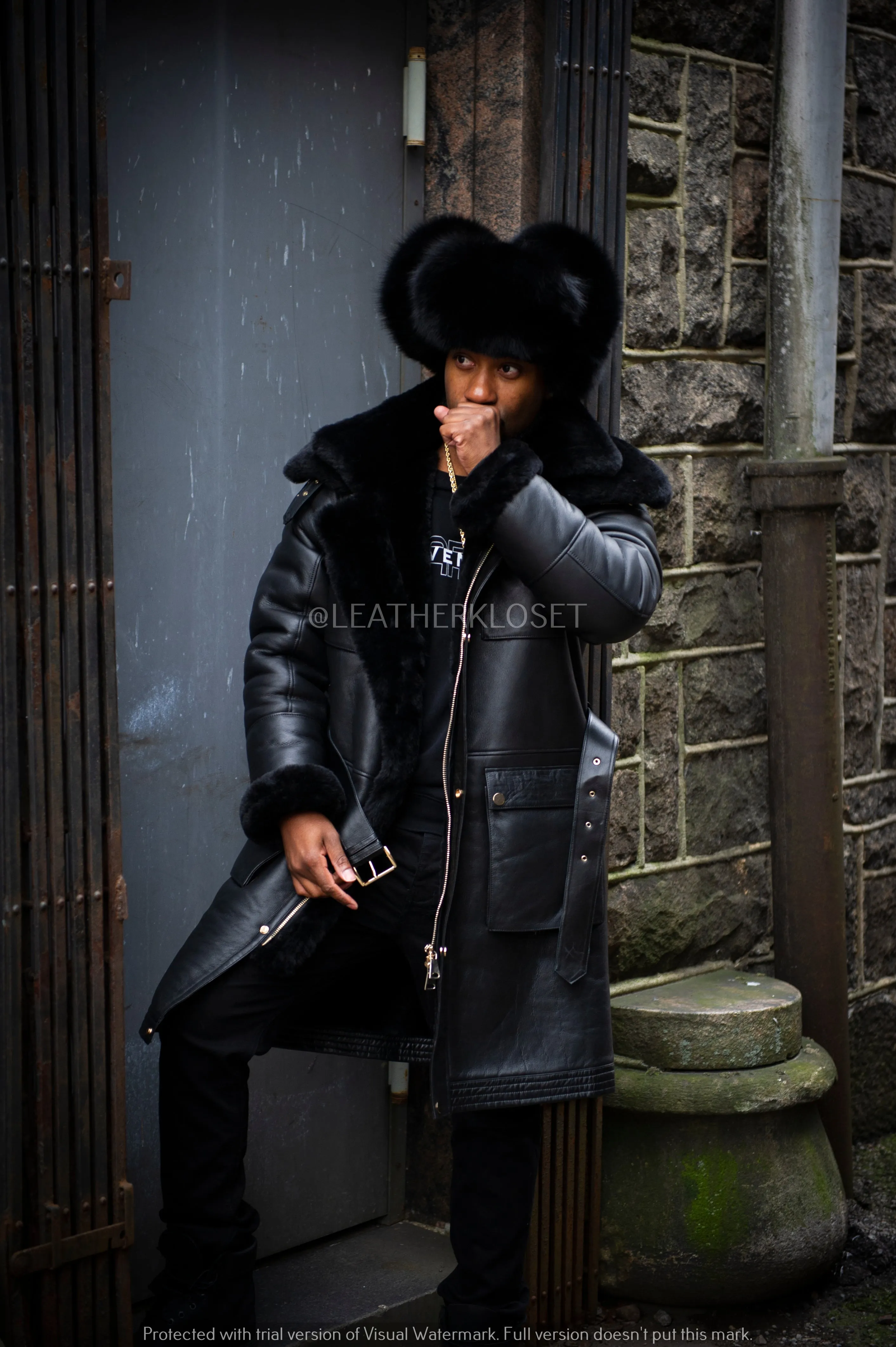 Men's Milan Sheepskin Shearling Coat With Fox Fur Hat