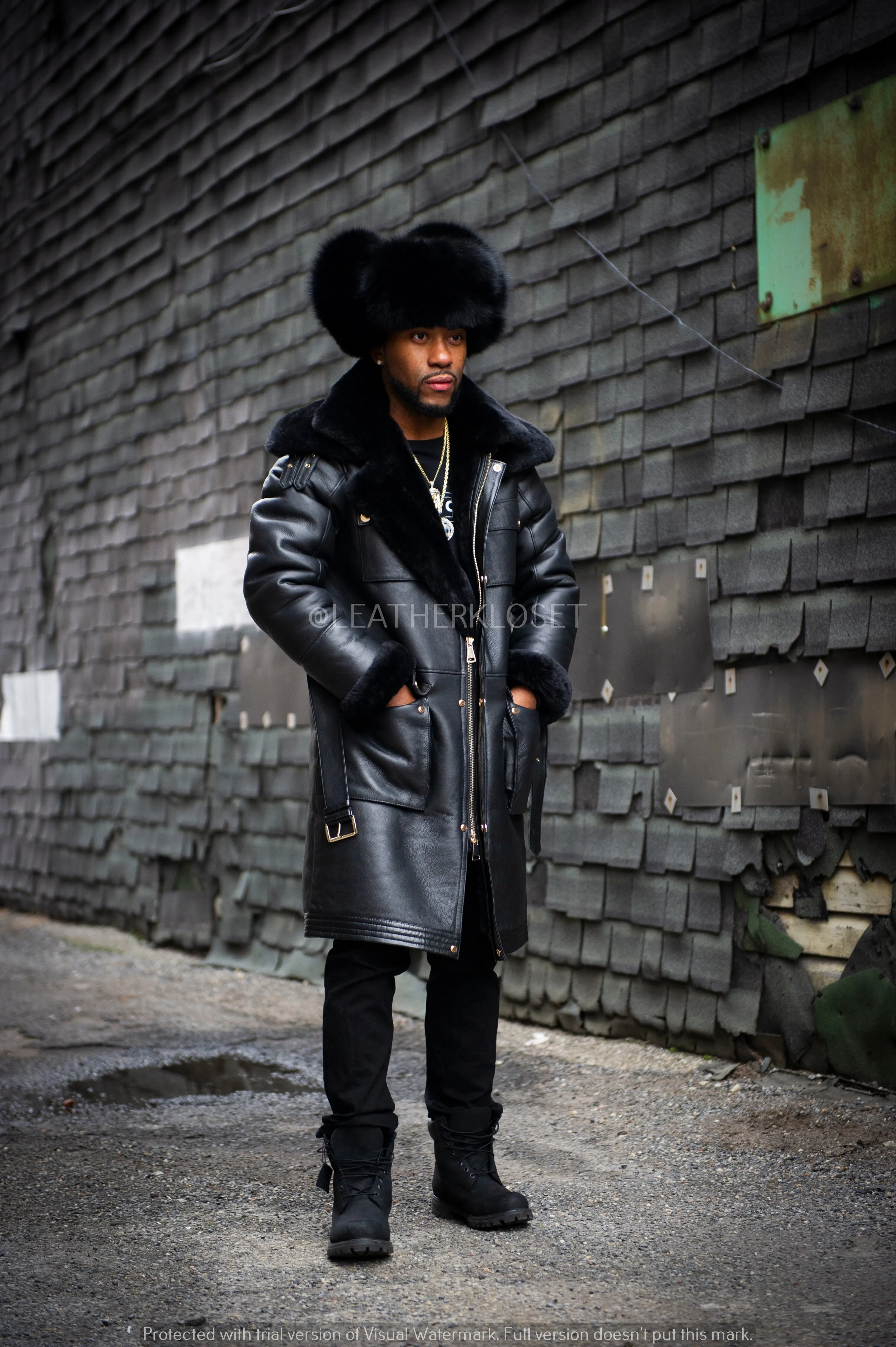 Men's Milan Sheepskin Shearling Coat With Fox Fur Hat