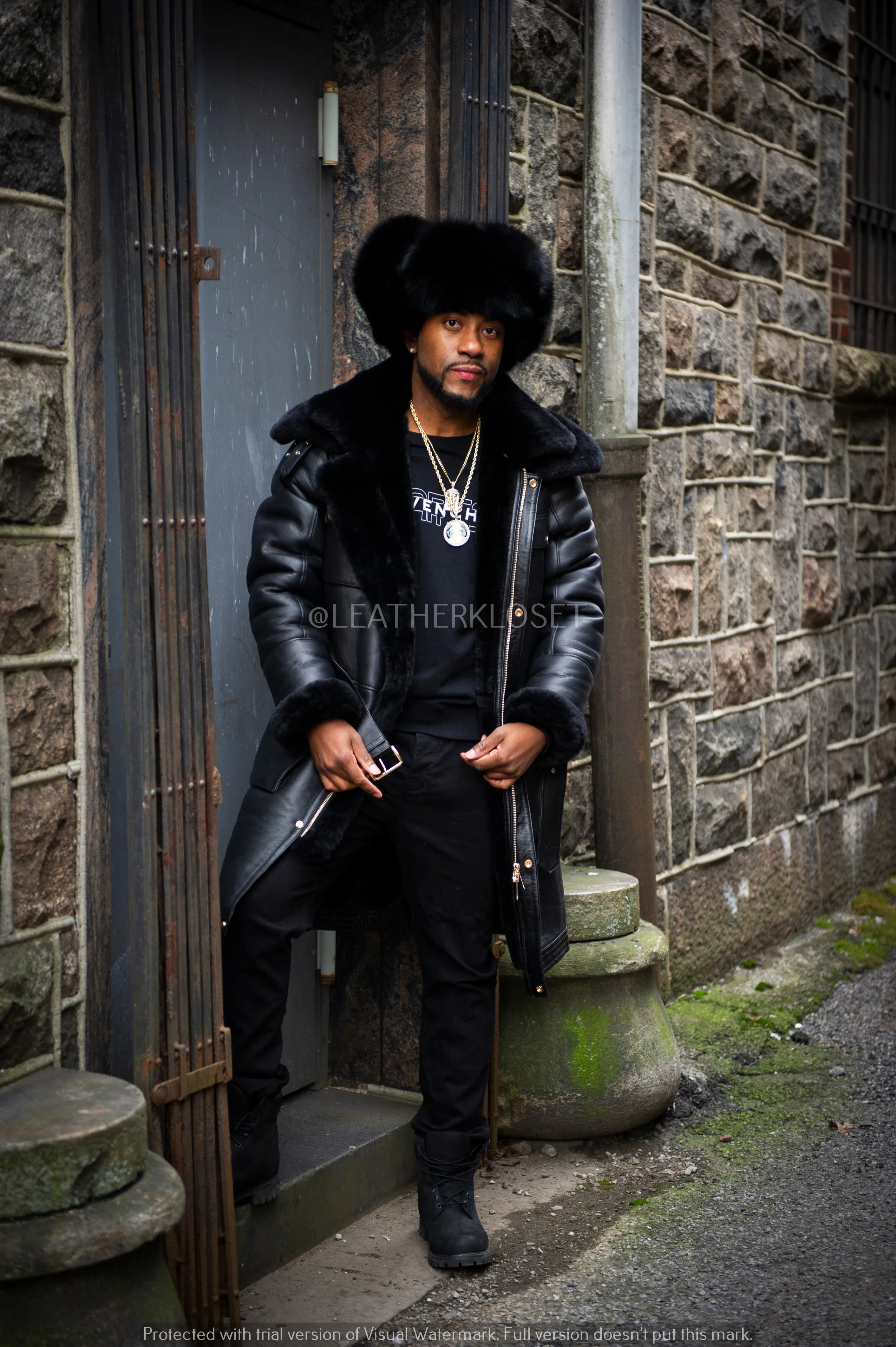 Men's Milan Sheepskin Shearling Coat With Fox Fur Hat