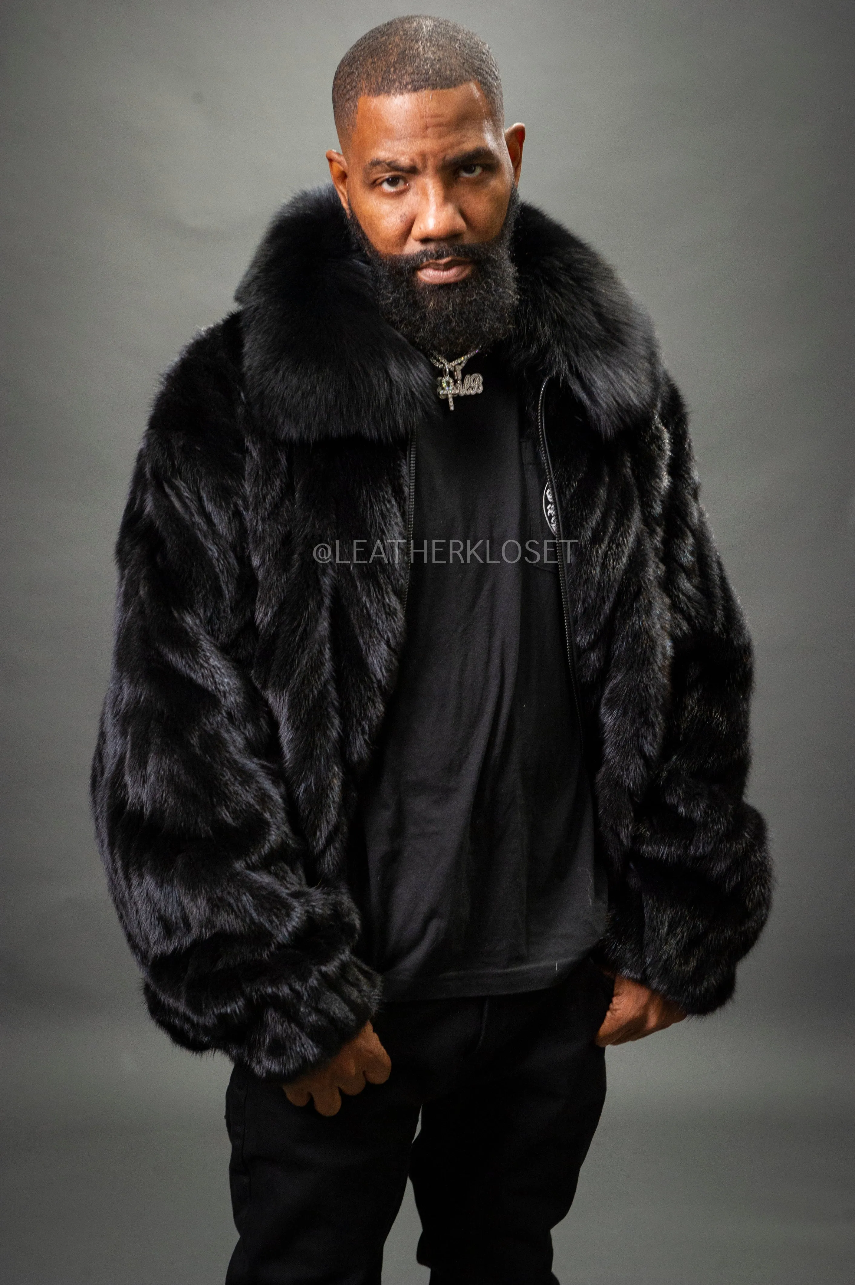 Men's Mink Bomber Jacket Herringbone [Black]