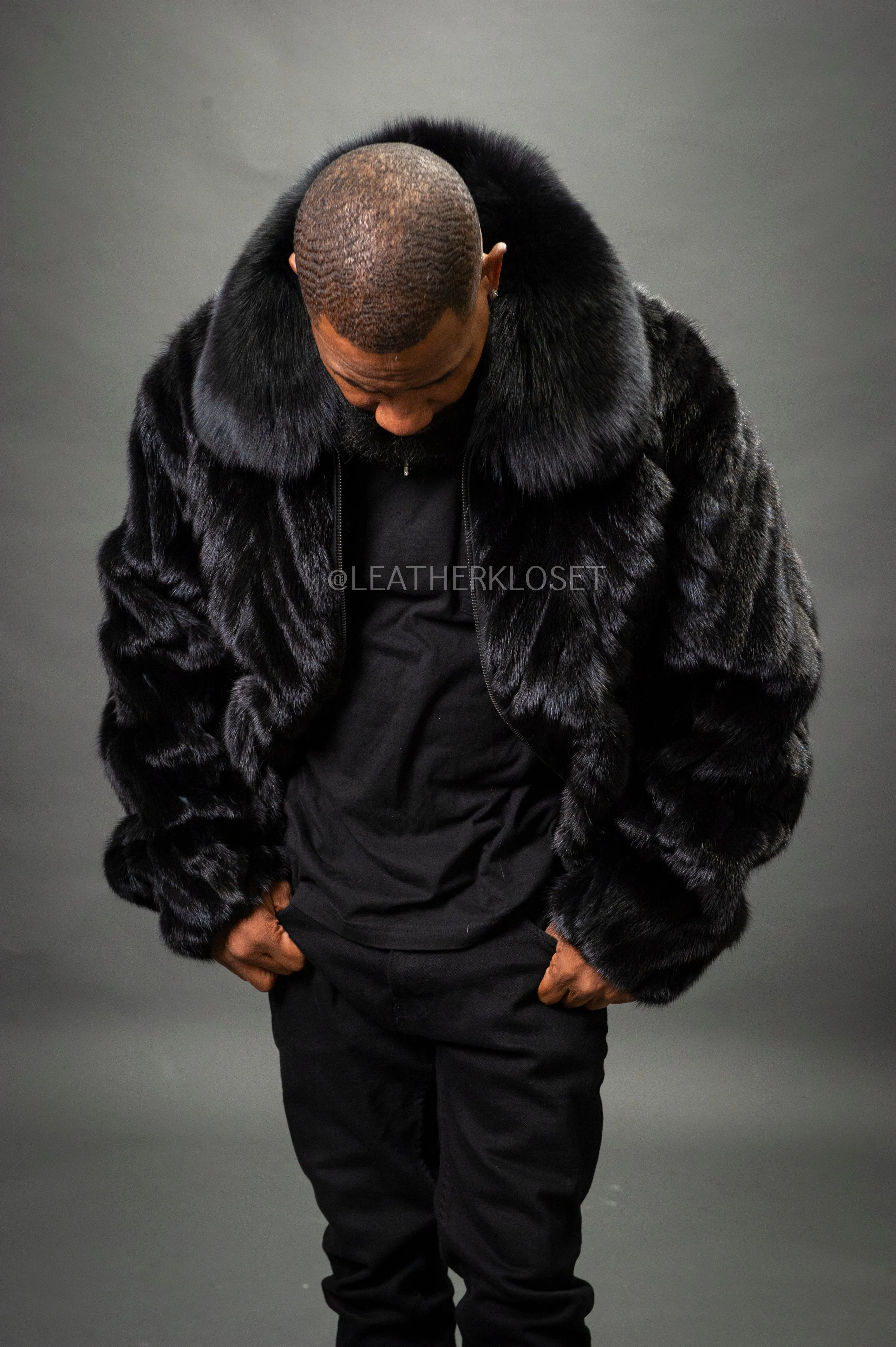 Men's Mink Bomber Jacket Herringbone [Black]