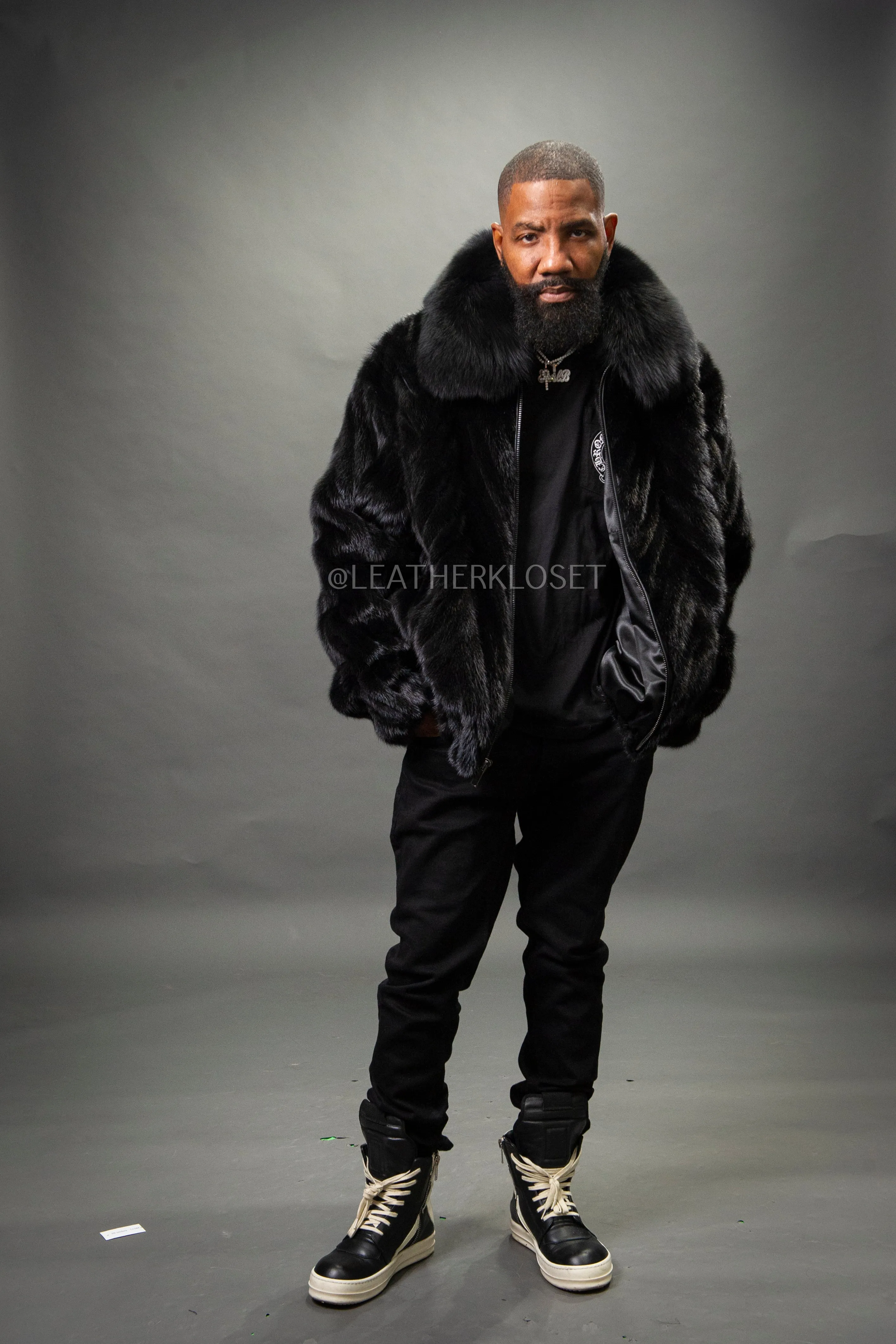 Men's Mink Bomber Jacket Herringbone [Black]