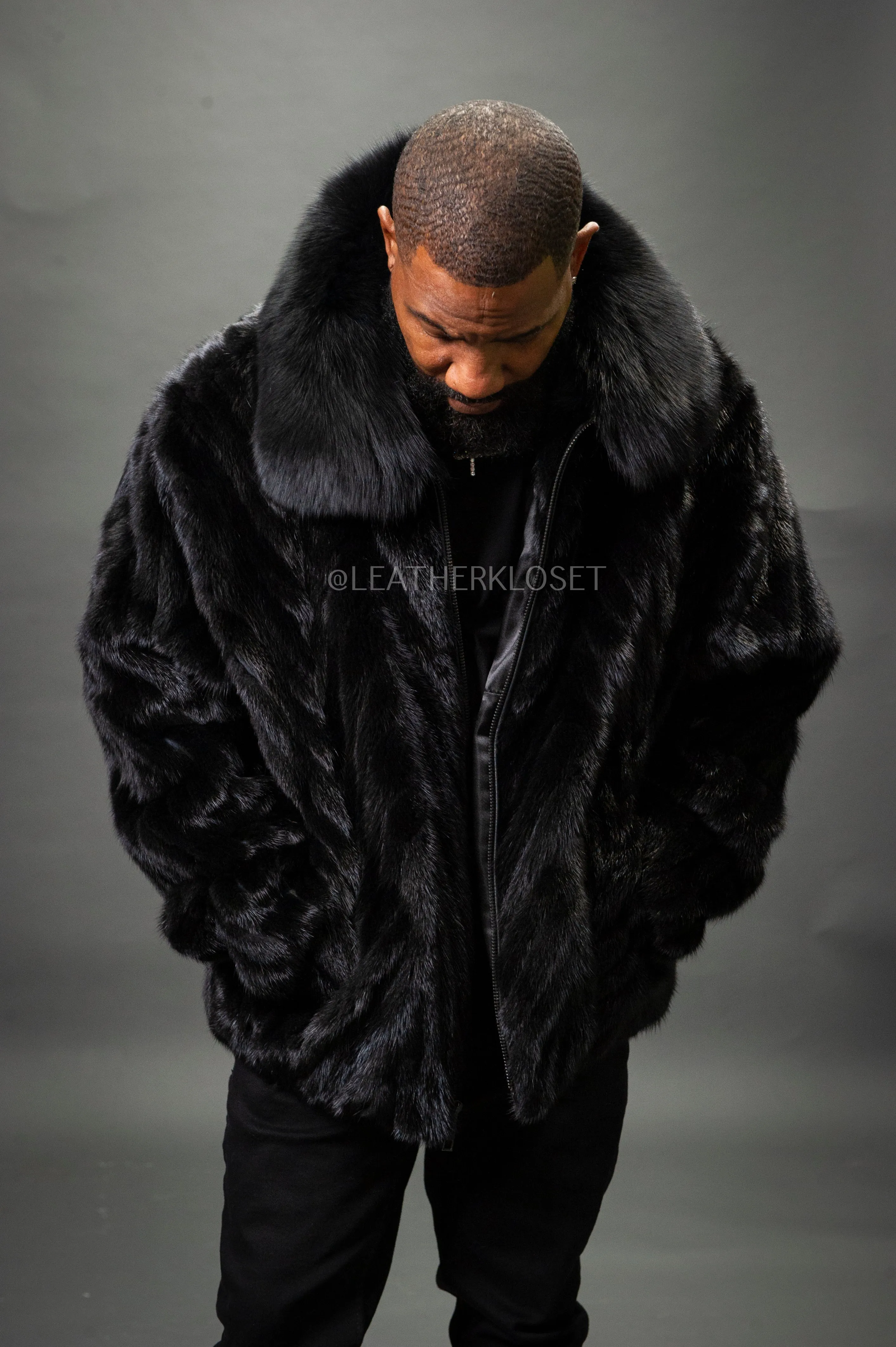 Men's Mink Bomber Jacket Herringbone [Black]