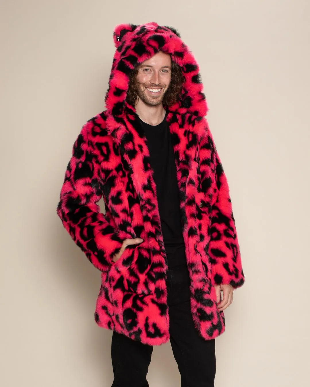 Neon Pink Leopard Classic Faux Fur Coat | Men's